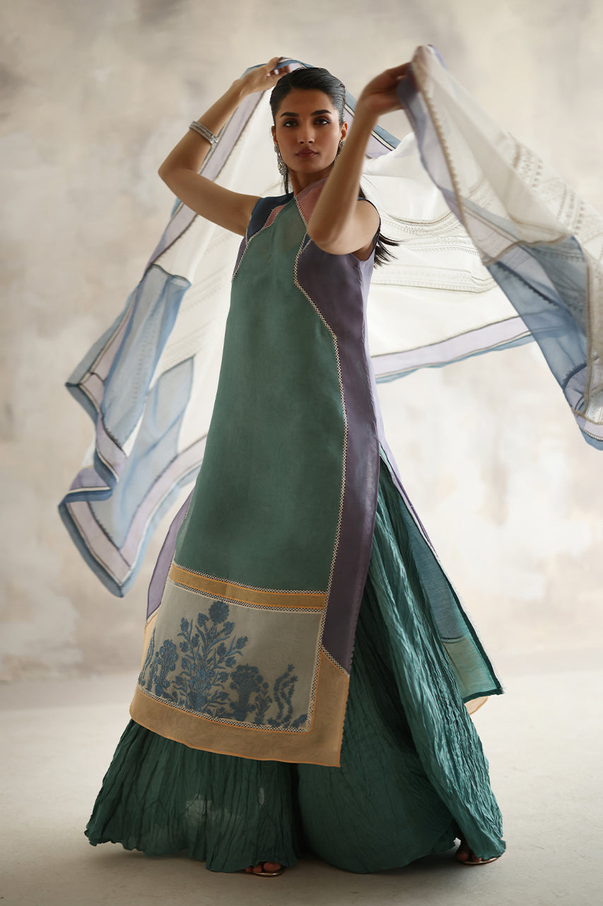 Sage Embroidered Organza & Khaddi Silk Kurta Set (3-Piece) - Image 5