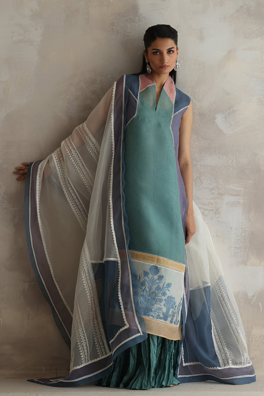 Sage Embroidered Organza & Khaddi Silk Kurta Set (3-Piece) - Image 6