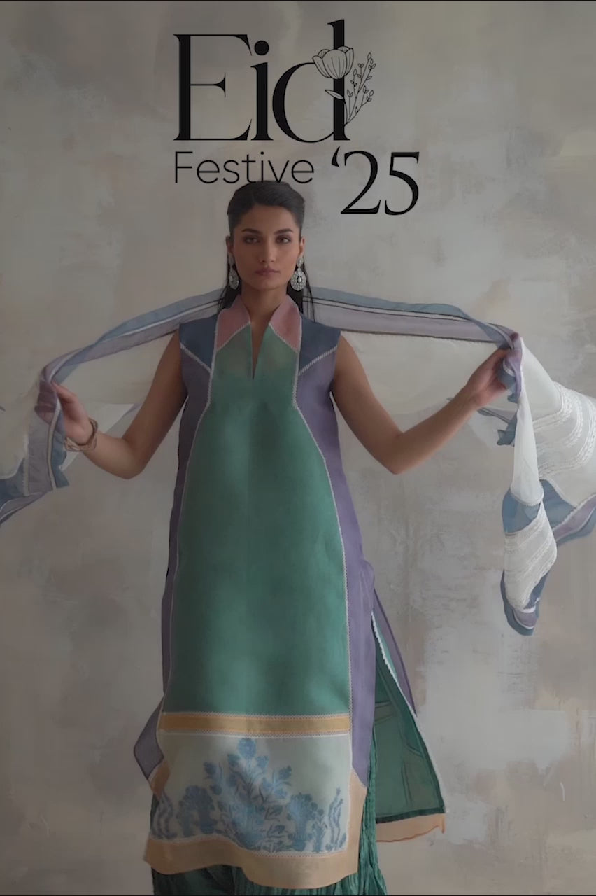 Sage Embroidered Organza & Khaddi Silk Kurta Set (3-Piece) - Image 7