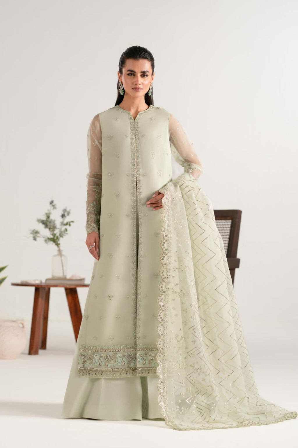 Pistachio Green Embroidered Organza Salwar Kameez (3-Piece) - Image 1