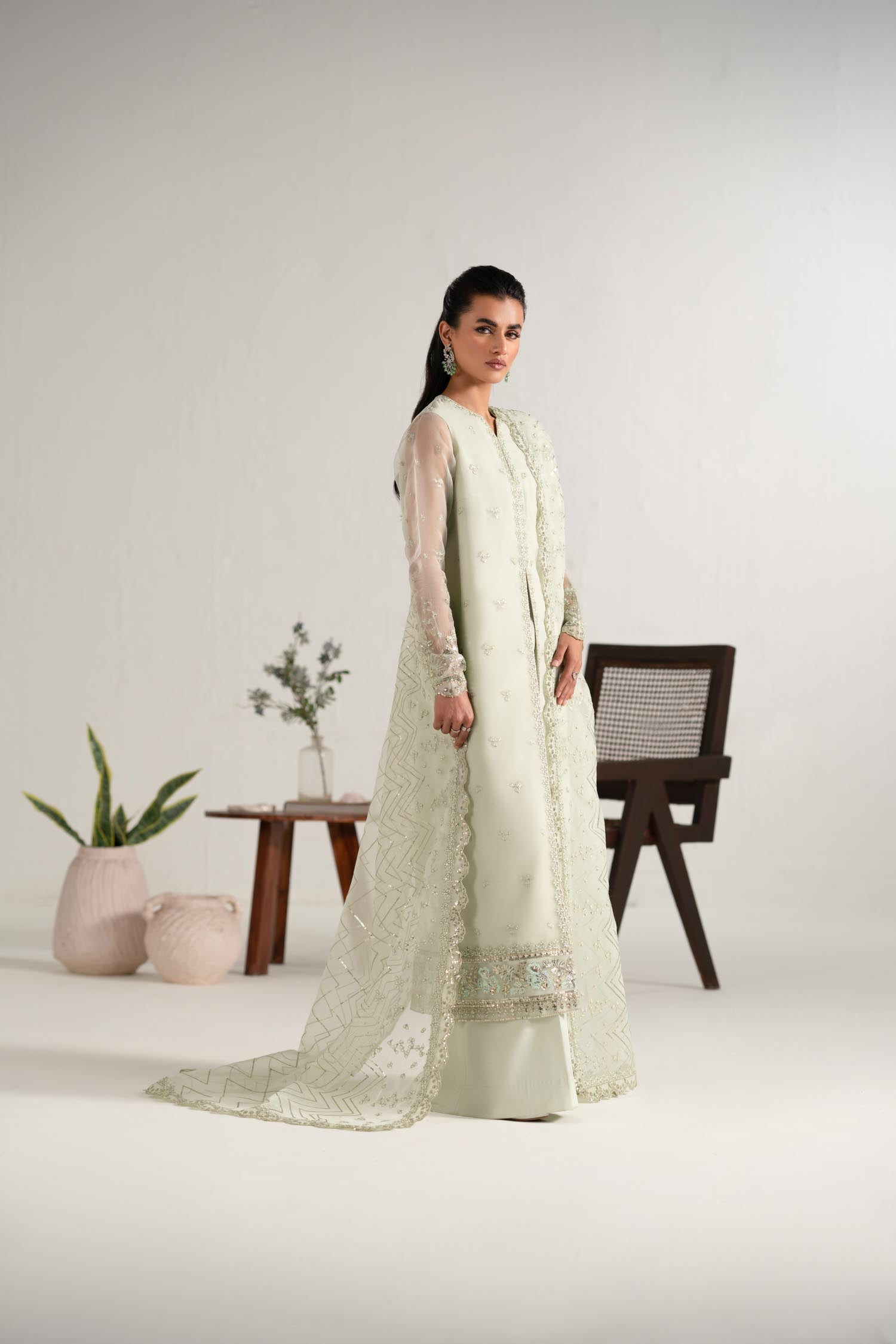 Pistachio Green Embroidered Organza Salwar Kameez (3-Piece) - Image 3