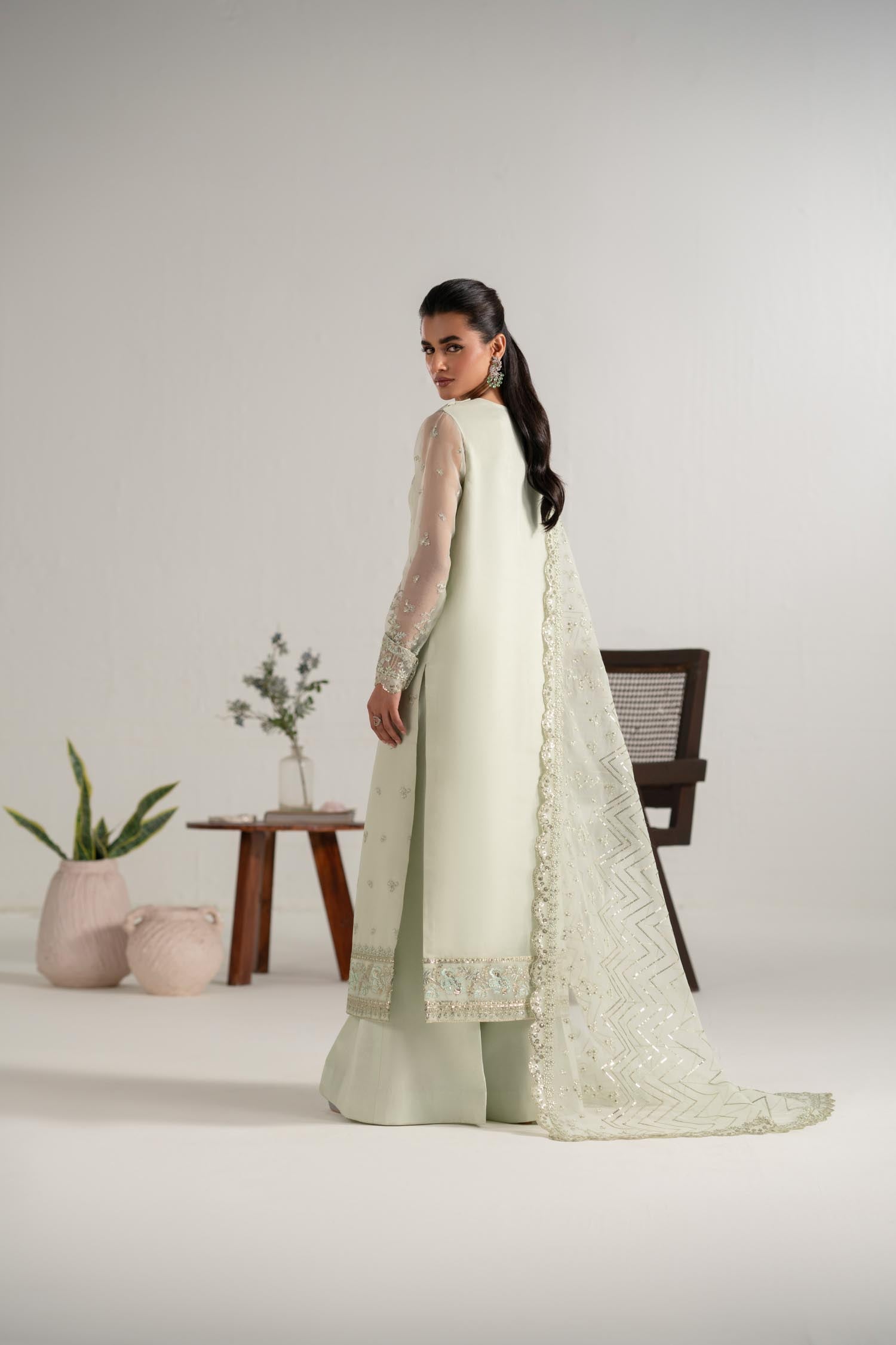 Pistachio Green Embroidered Organza Salwar Kameez (3-Piece) - Image 4