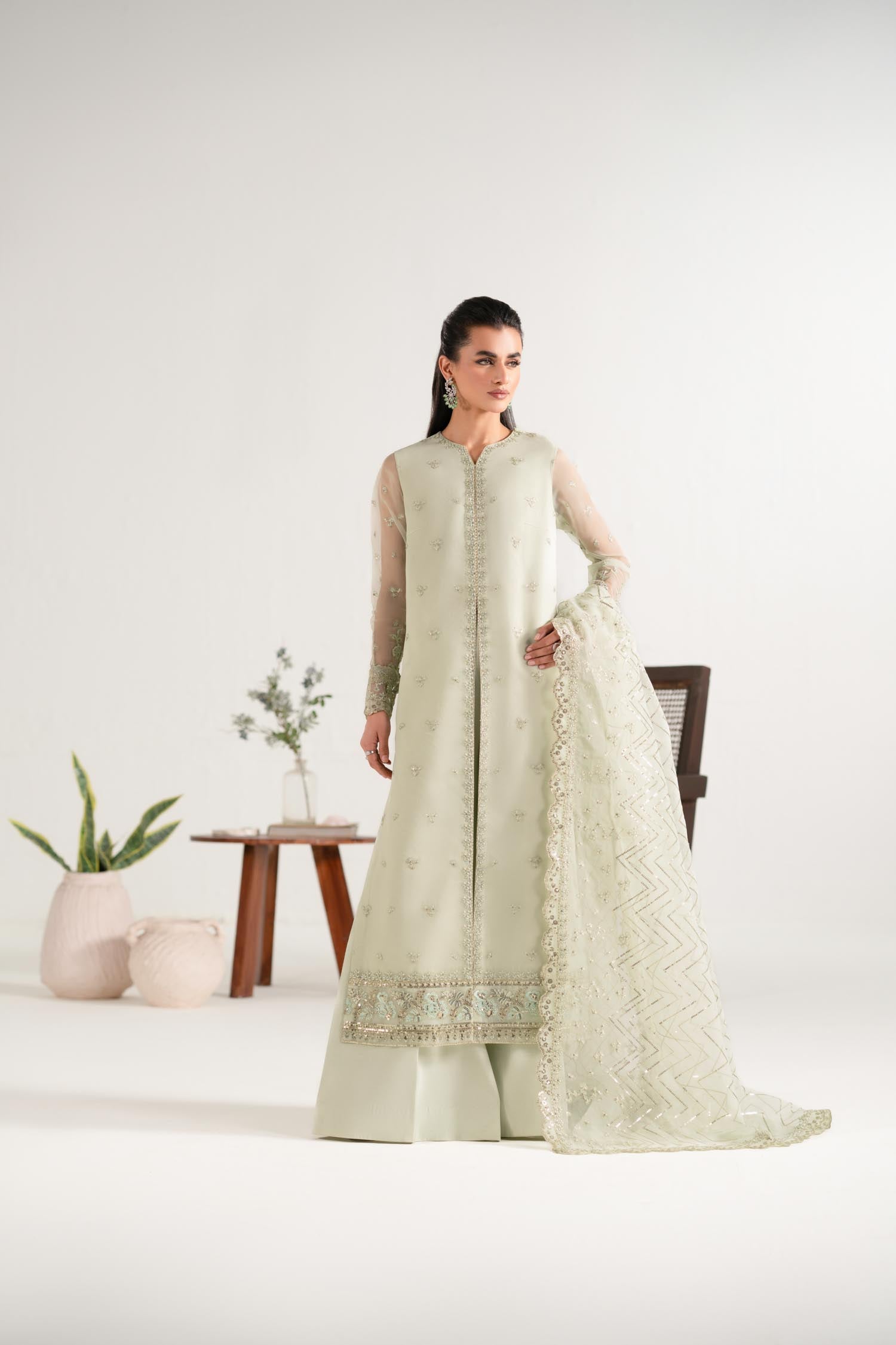 Pistachio Green Embroidered Organza Salwar Kameez (3-Piece) - Image 5