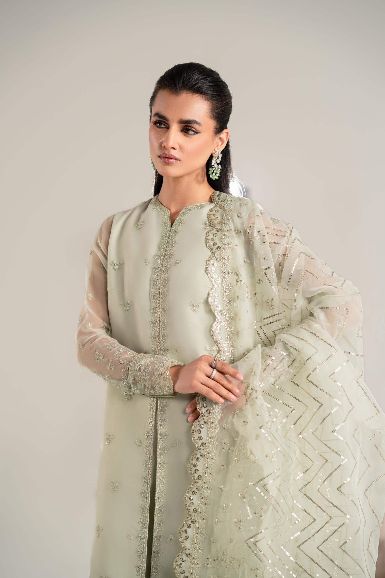 Pistachio Green Embroidered Organza Salwar Kameez (3-Piece) - Image 9