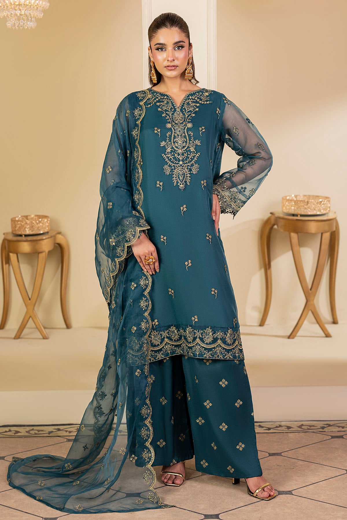 Teal Embroidered Organza 3-Piece Suit - Image 1