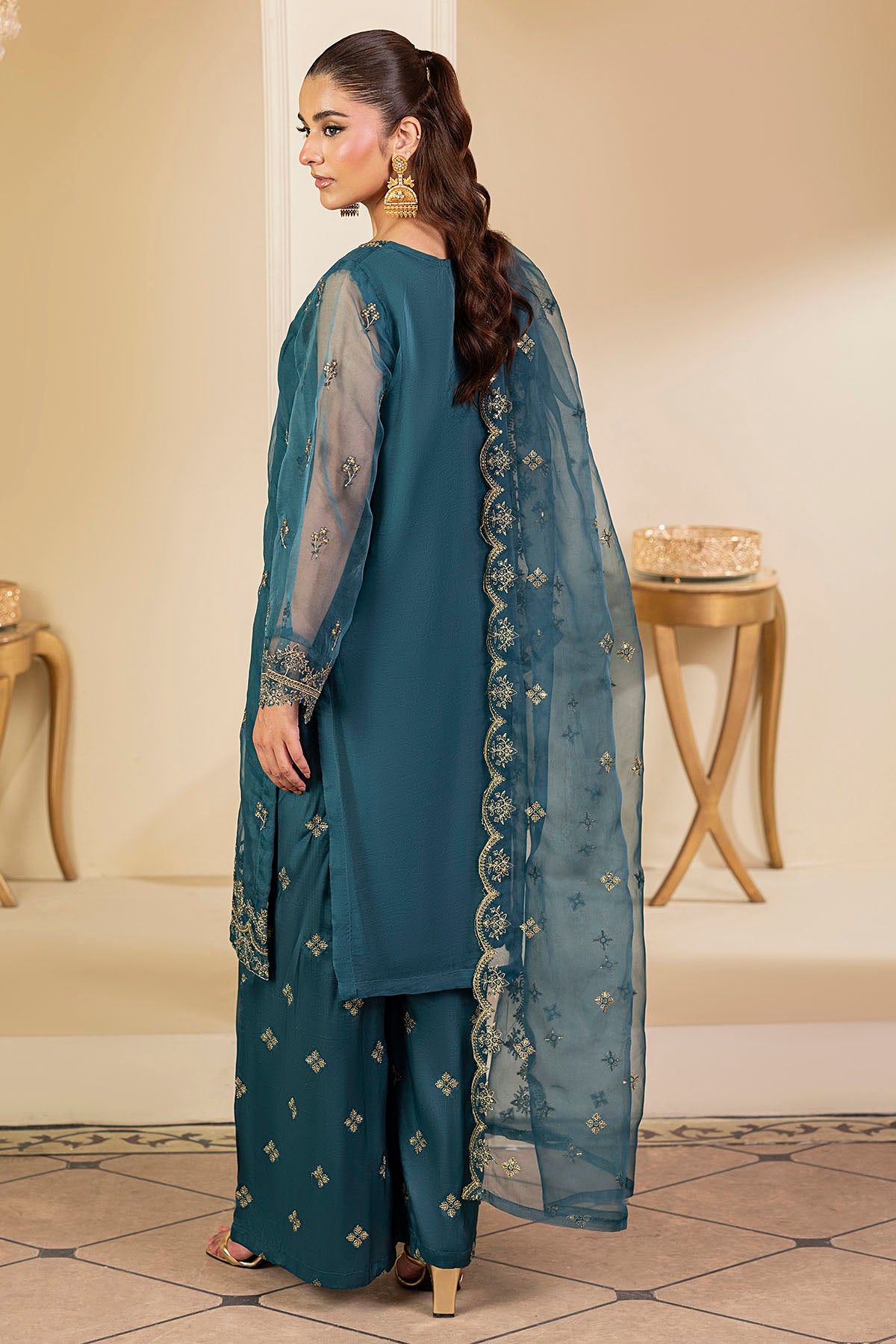 Teal Embroidered Organza 3-Piece Suit - Image 2