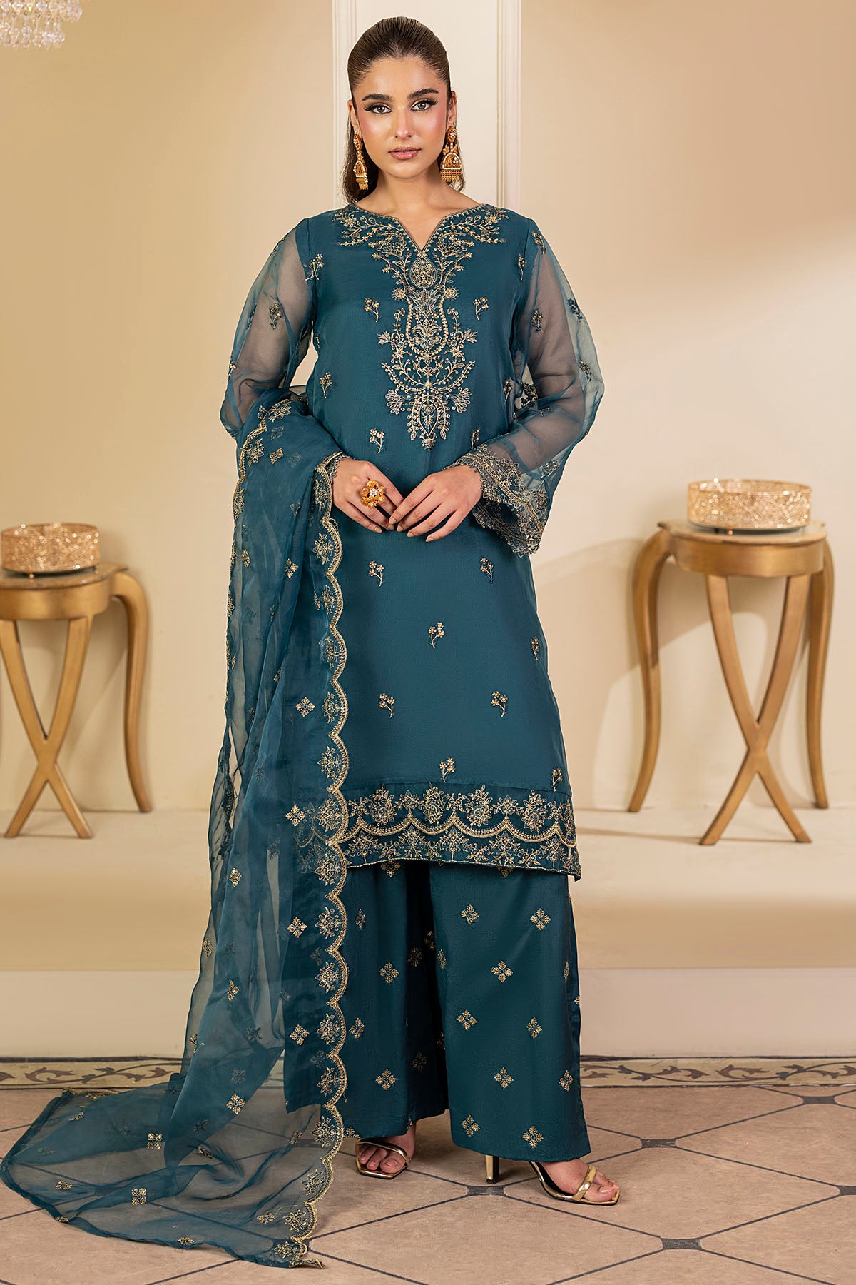 Teal Embroidered Organza 3-Piece Suit - Image 3