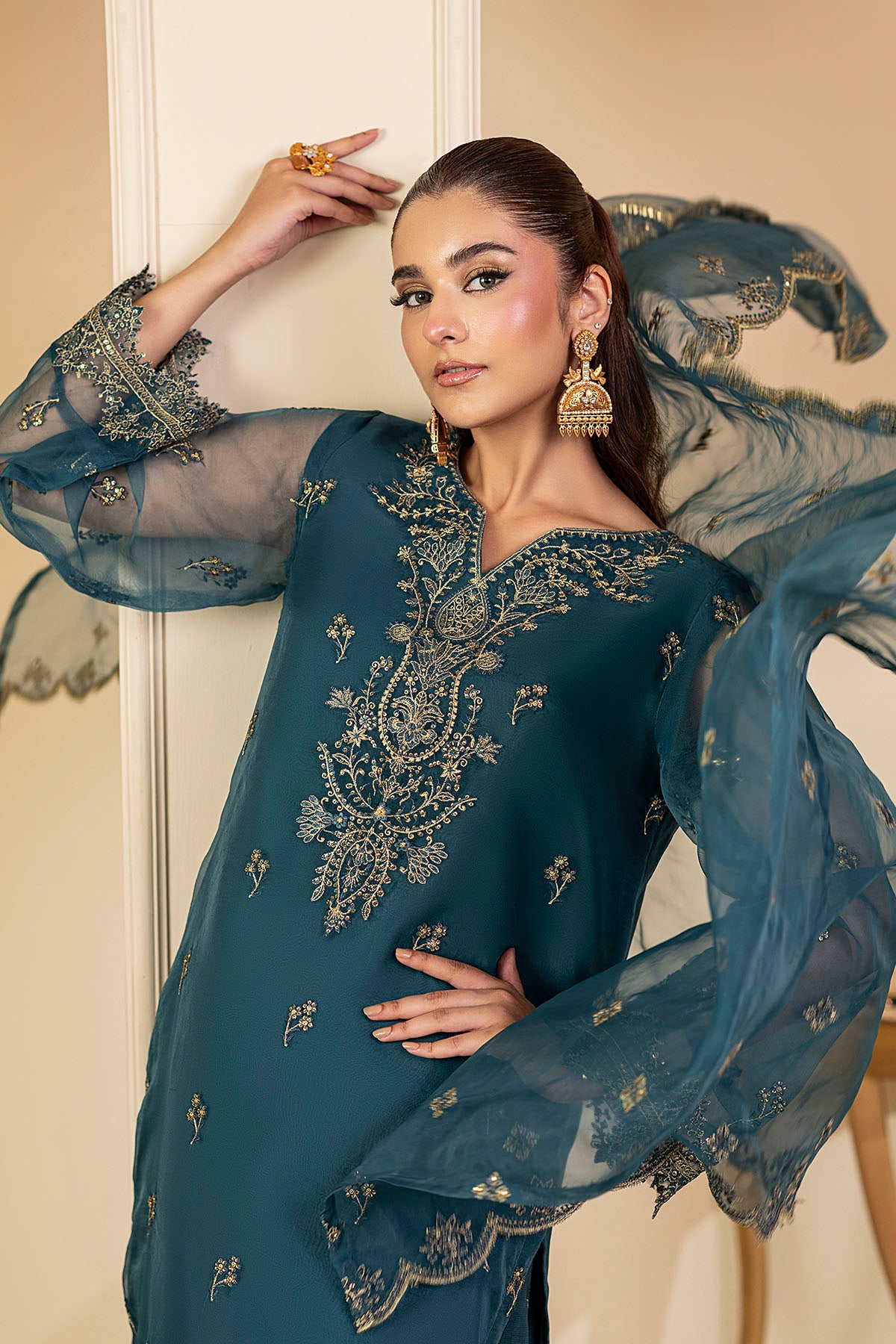 Teal Embroidered Organza 3-Piece Suit - Image 4