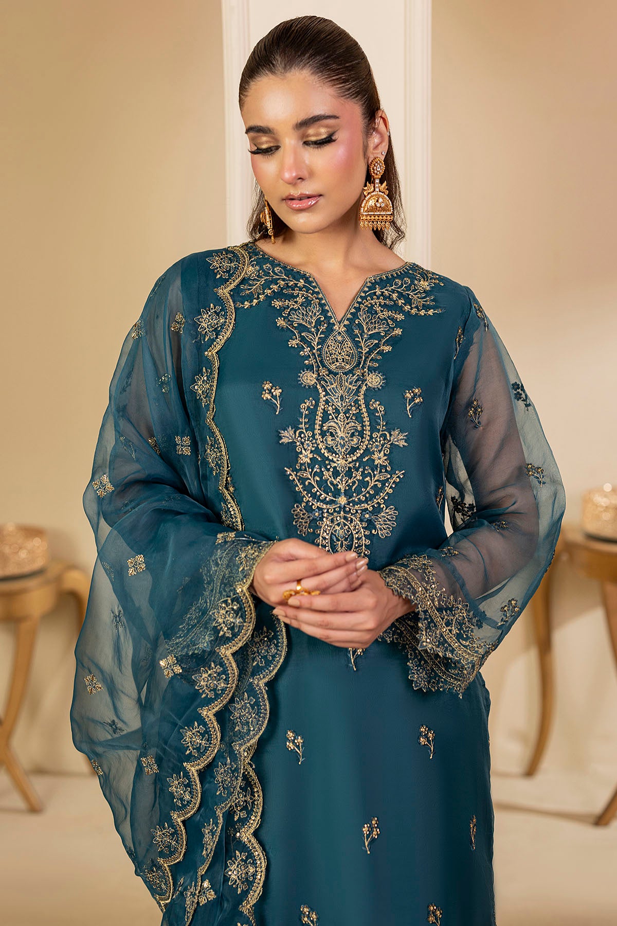 Teal Embroidered Organza 3-Piece Suit - Image 5