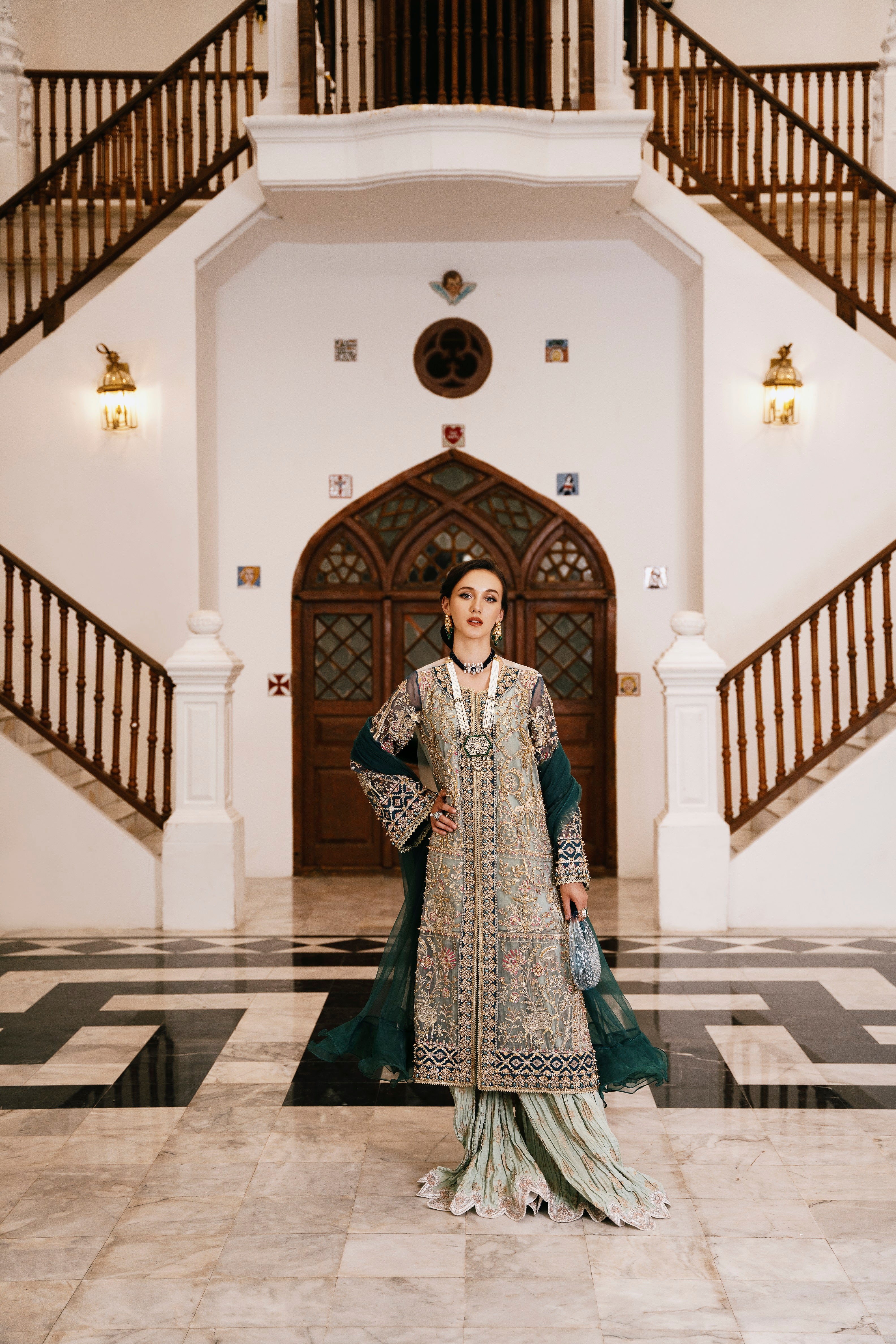 Pakistani Multi-Green Embellished Organza Salwar Kameez (3-Piece) - Image 2