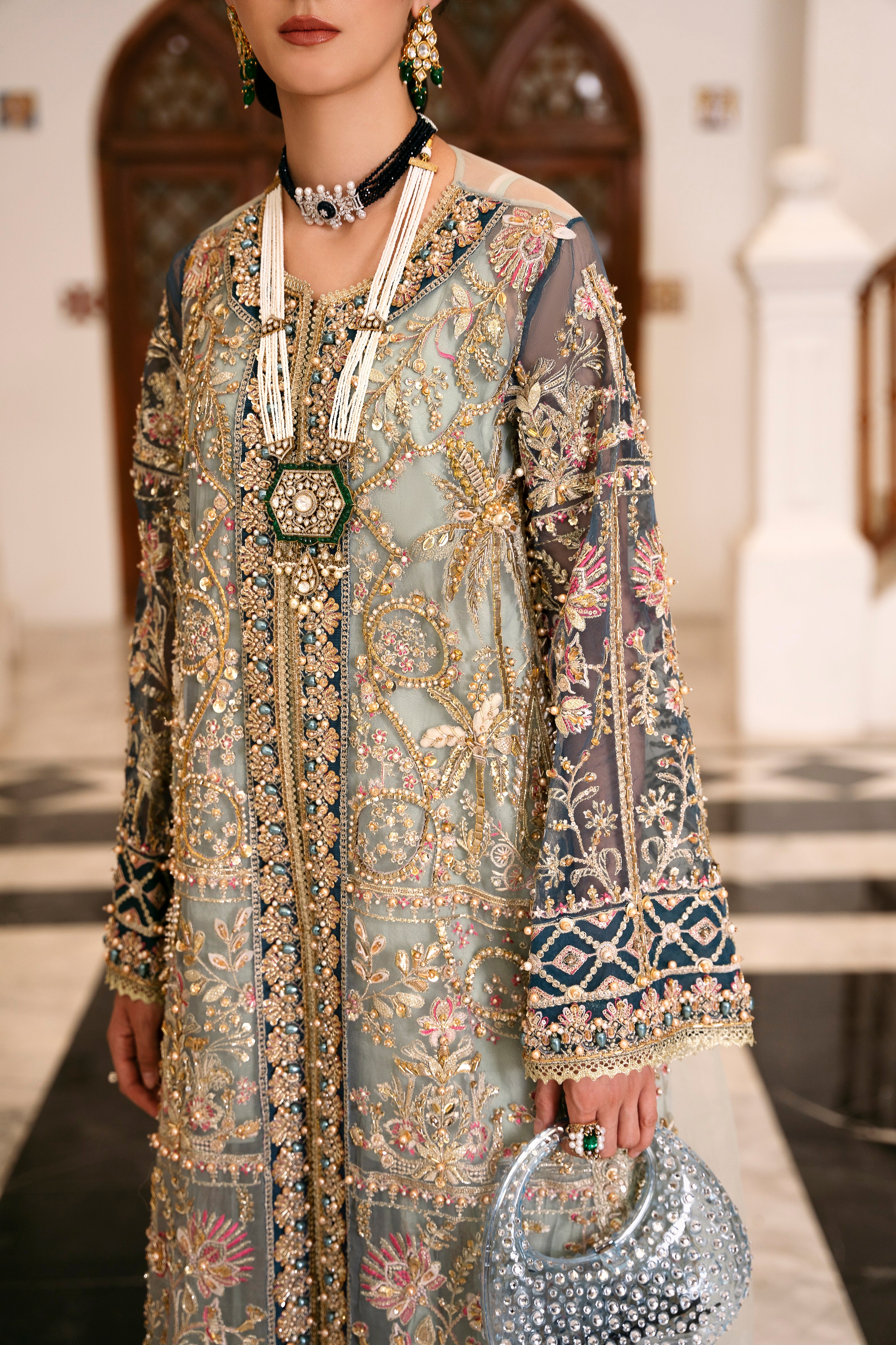 Pakistani Multi-Green Embellished Organza Salwar Kameez (3-Piece) - Image 3