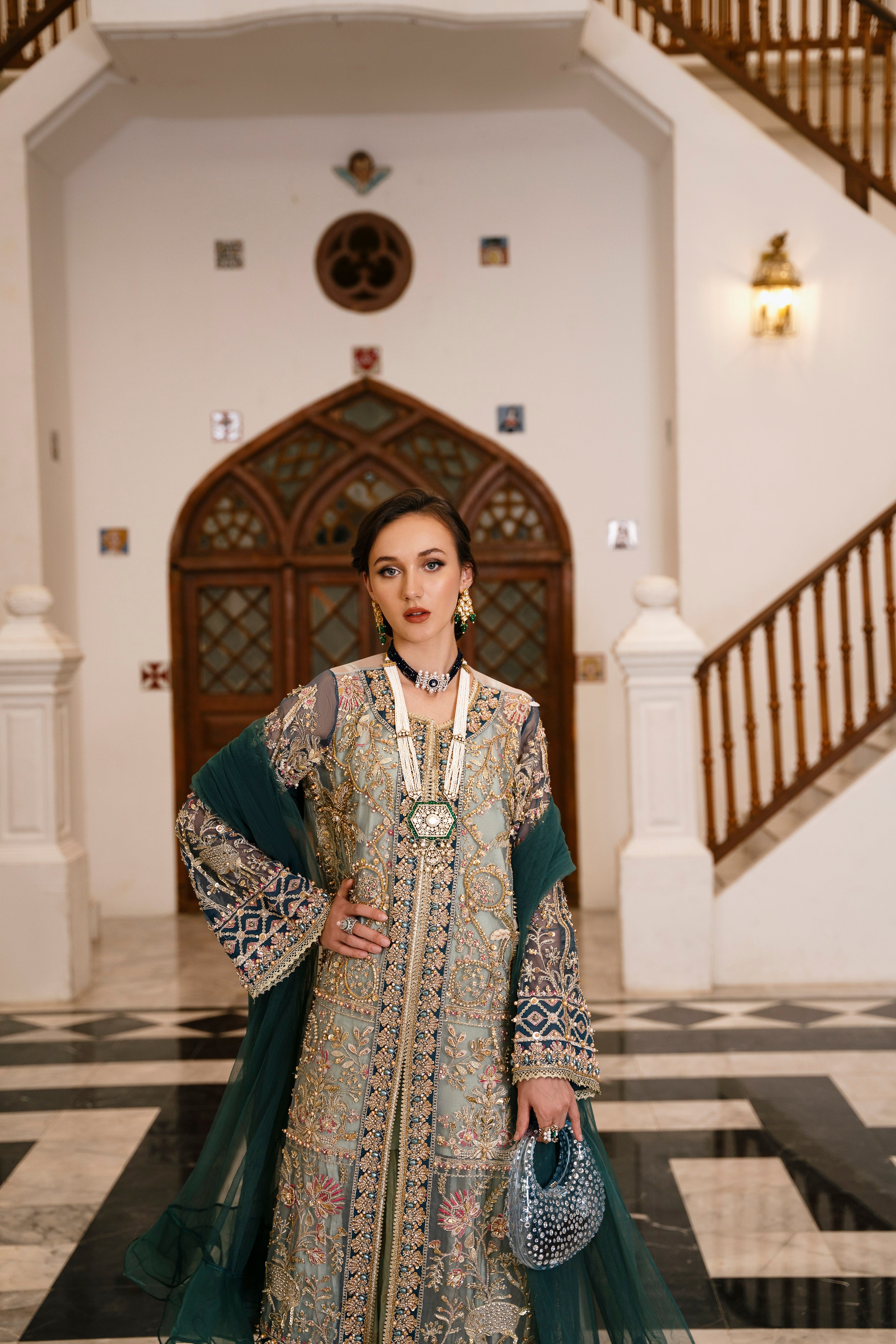 Pakistani Multi-Green Embellished Organza Salwar Kameez (3-Piece) - Image 4