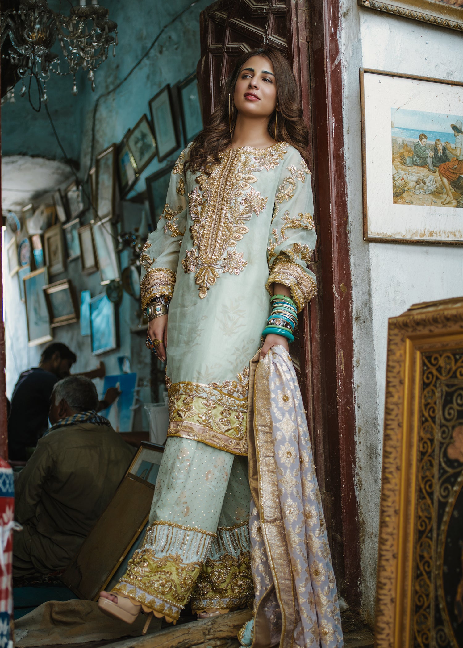 Mint Embroidered Organza Salwar Kameez (3-Piece) - Image 1