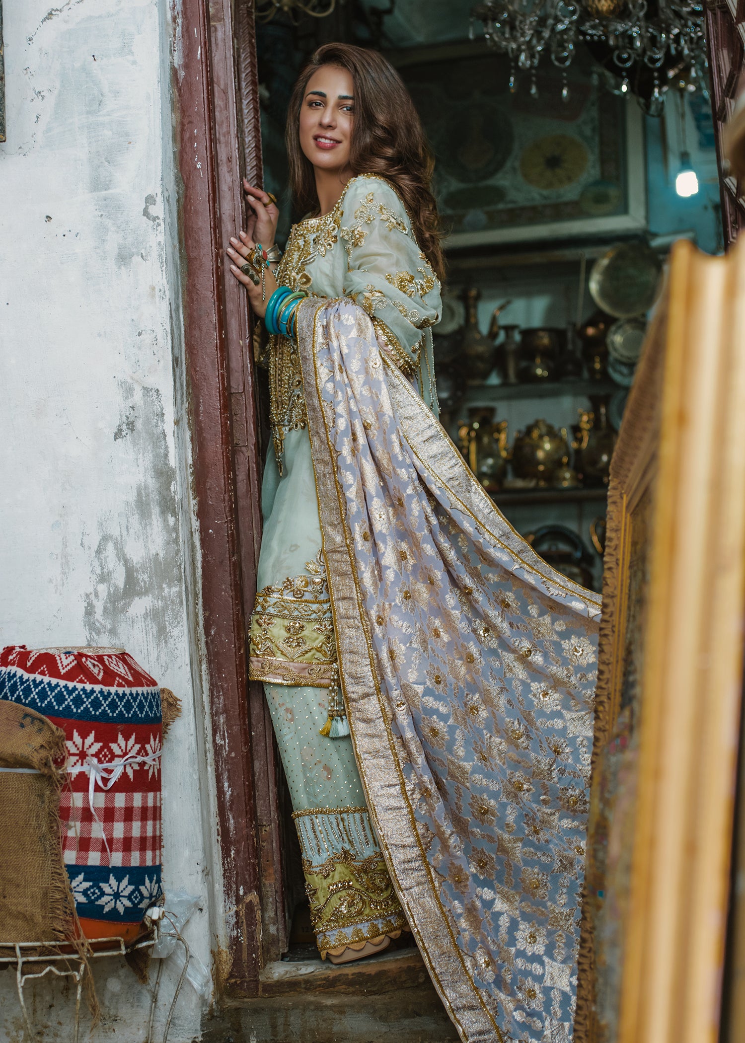 Mint Embroidered Organza Salwar Kameez (3-Piece) - Image 4