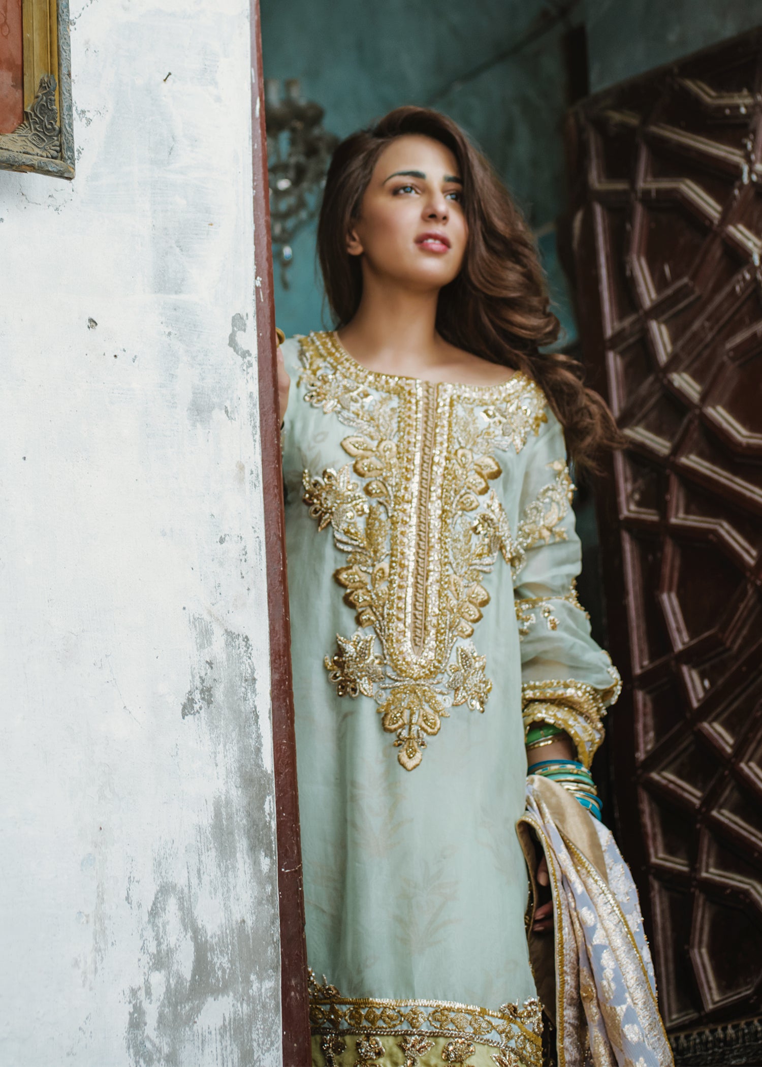 Mint Embroidered Organza Salwar Kameez (3-Piece) - Image 7