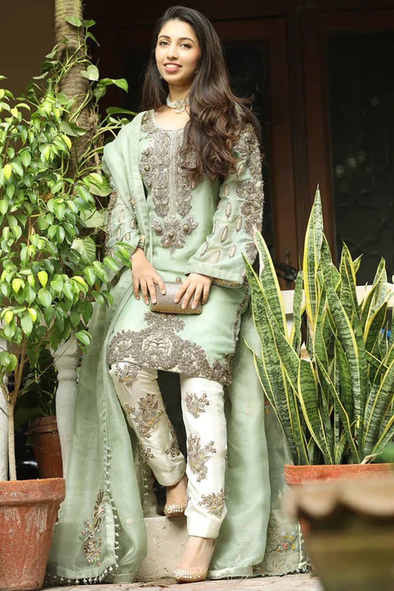 Pakistani Mint Green Hand-Embellished Organza Kurta (3-Piece) - Image 2