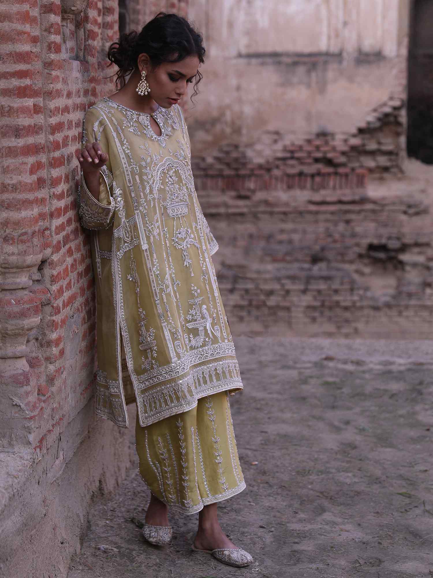 Lime Hand-Embroidered Organza & Raw Silk Kurta (2-Piece) - Image 1