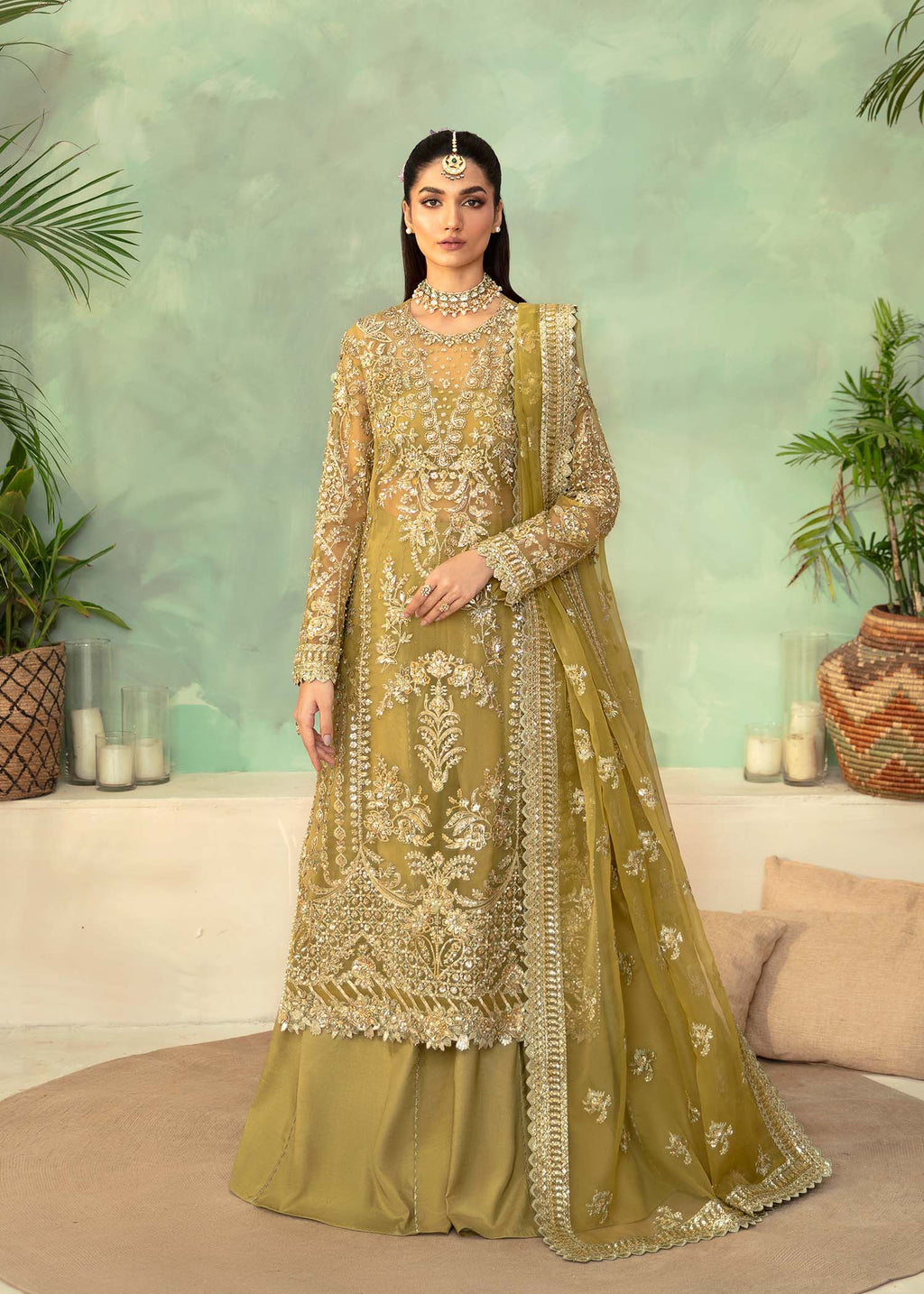Pakistani Olive Hand-Embellished Organza Salwar Kameez (3-Piece) - Image 1
