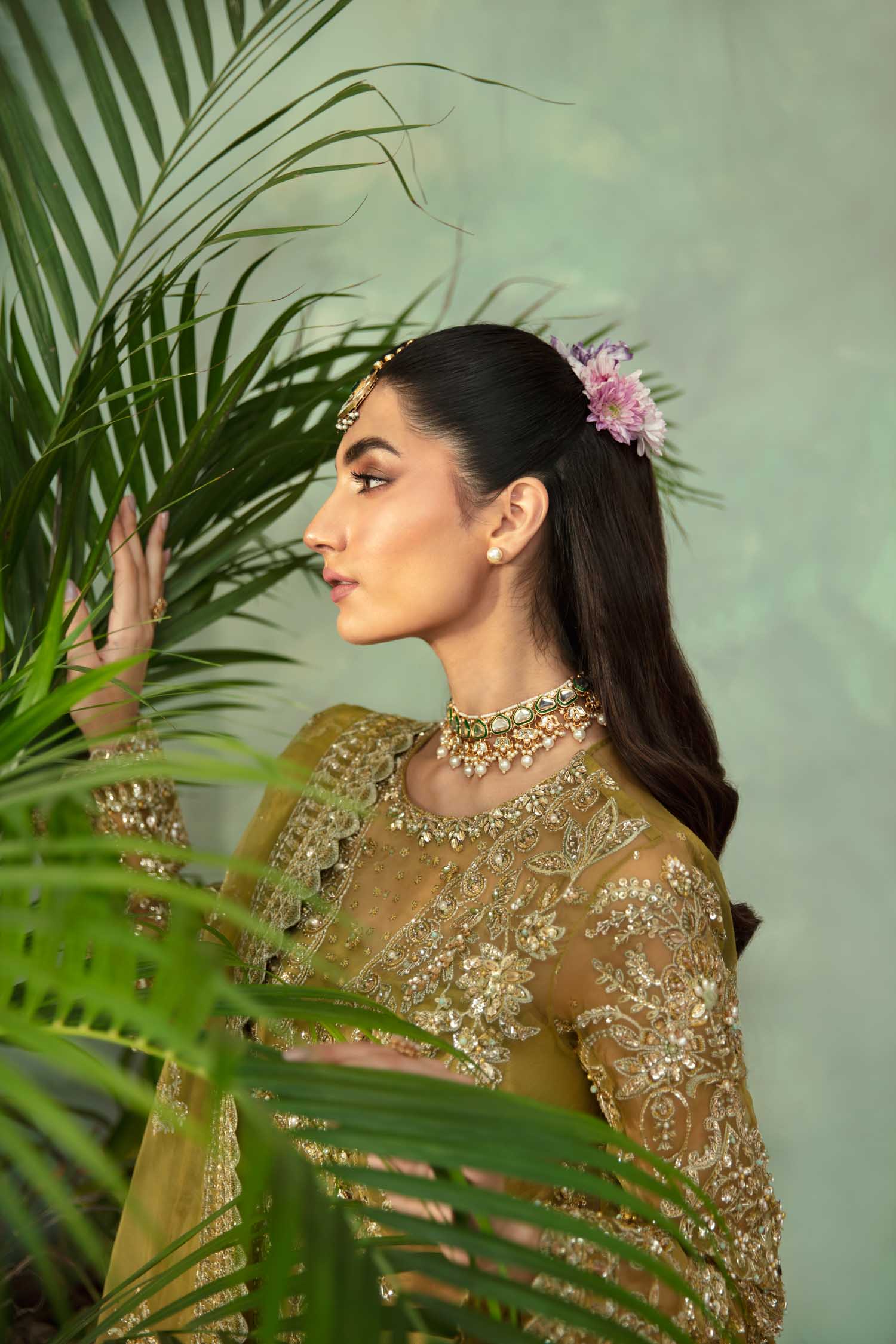 Pakistani Olive Hand-Embellished Organza Salwar Kameez (3-Piece) - Image 10