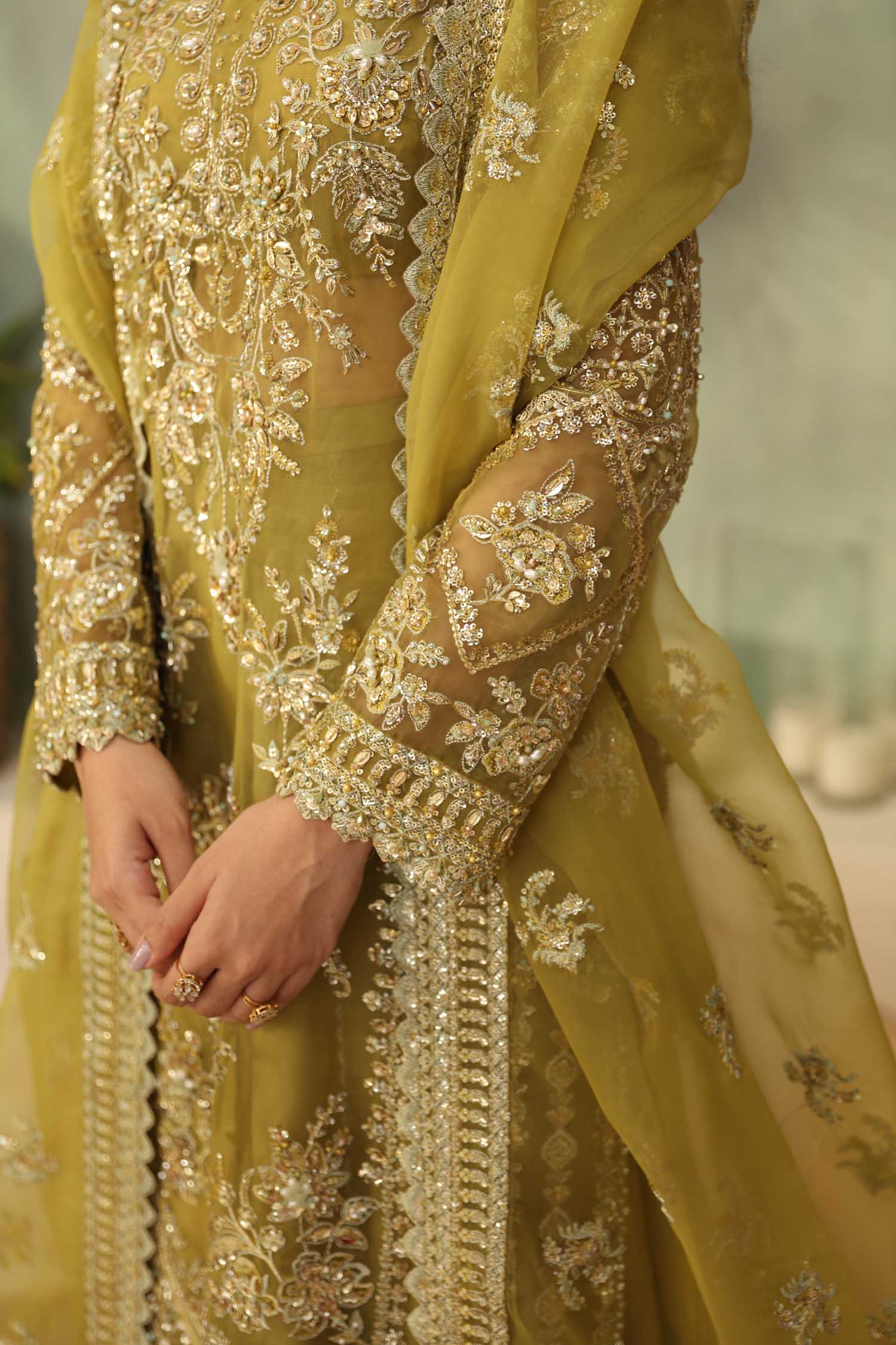 Pakistani Olive Hand-Embellished Organza Salwar Kameez (3-Piece) - Image 11