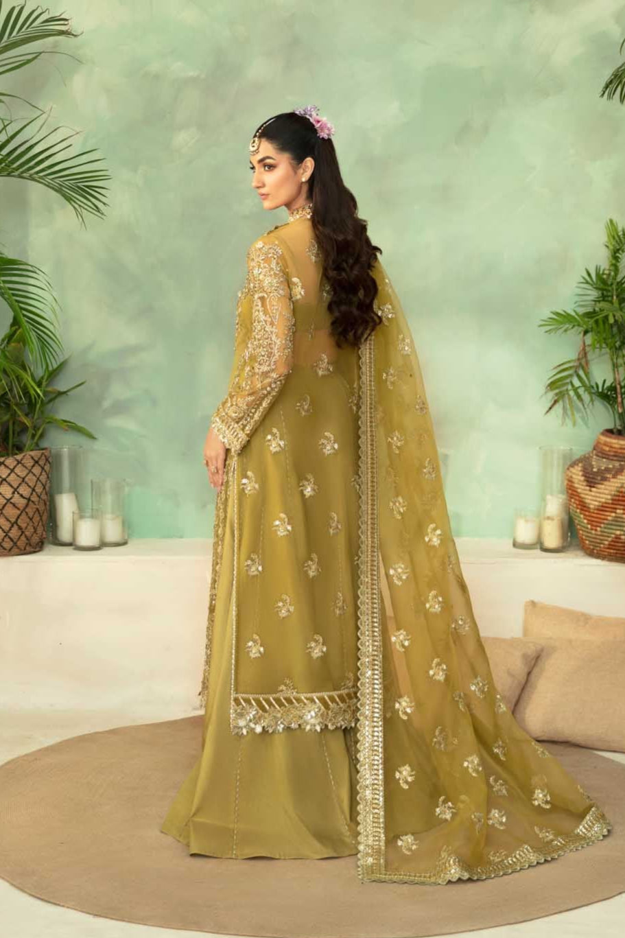 Pakistani Olive Hand-Embellished Organza Salwar Kameez (3-Piece) - Image 2