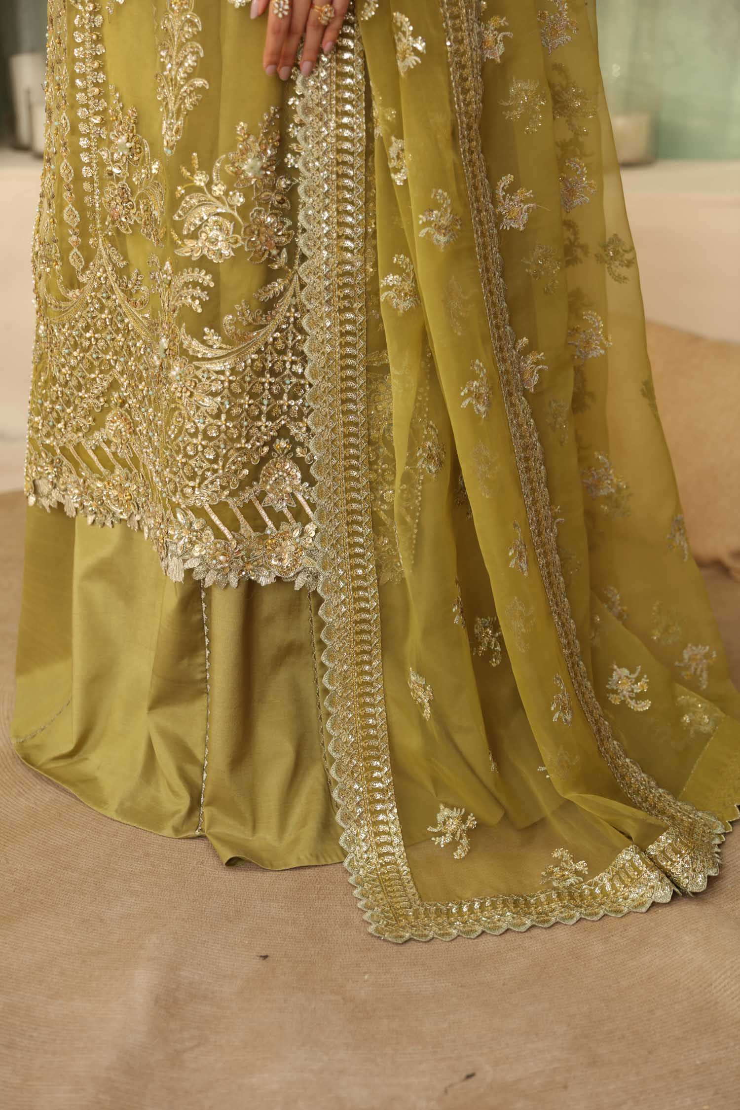 Pakistani Olive Hand-Embellished Organza Salwar Kameez (3-Piece) - Image 5