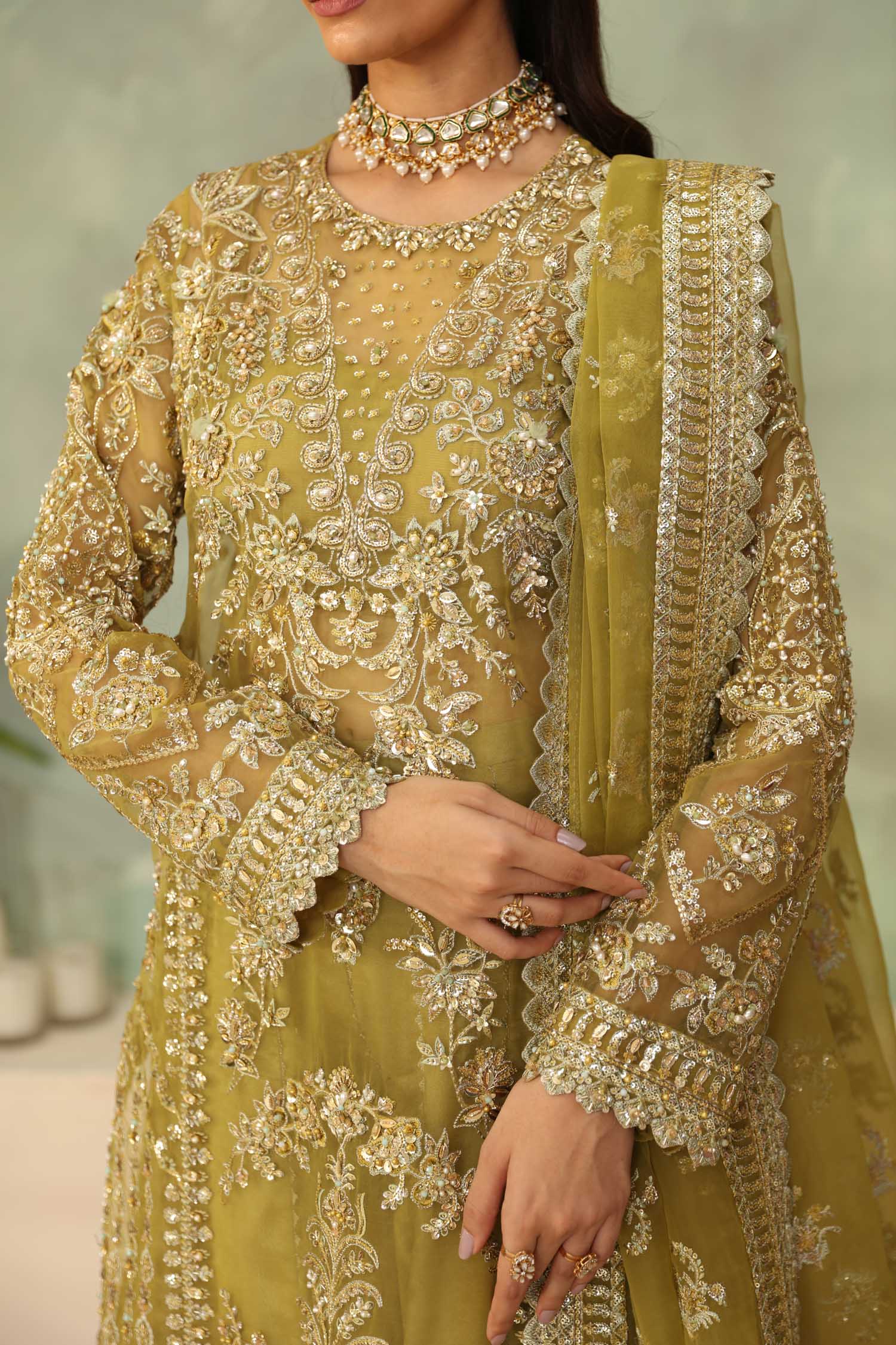 Pakistani Olive Hand-Embellished Organza Salwar Kameez (3-Piece) - Image 6