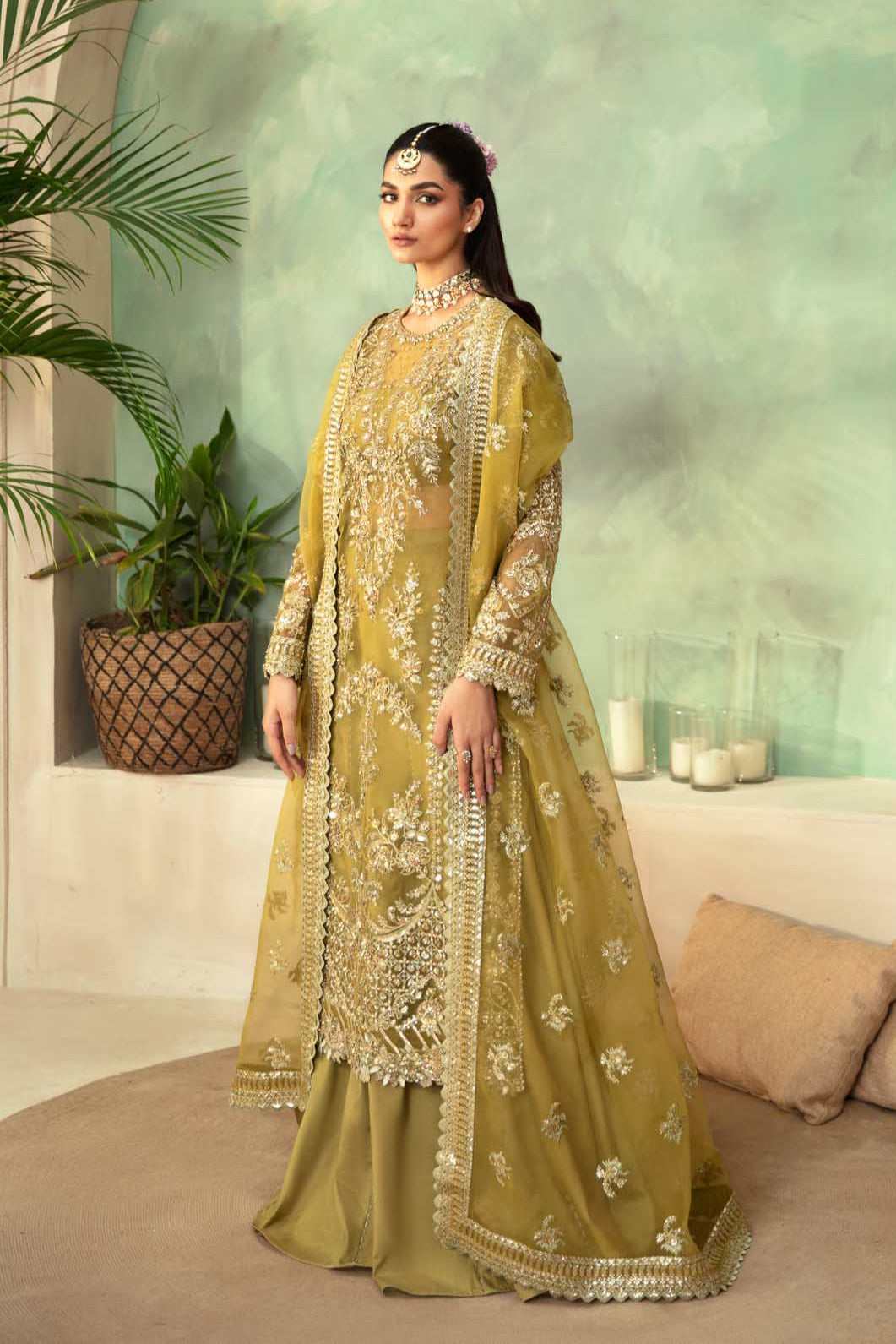 Pakistani Olive Hand-Embellished Organza Salwar Kameez (3-Piece) - Image 7