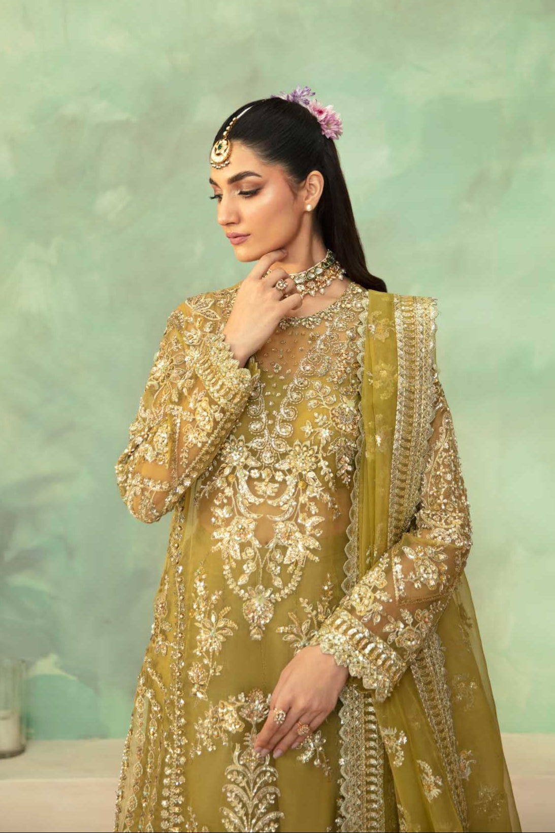 Pakistani Olive Hand-Embellished Organza Salwar Kameez (3-Piece) - Image 8