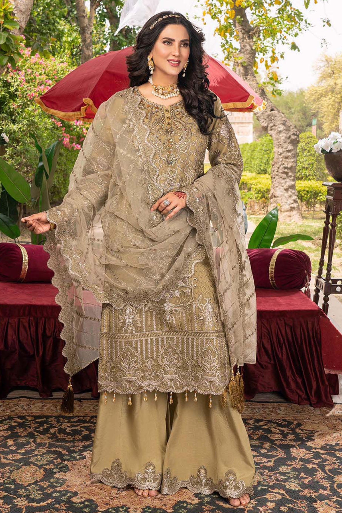 Olive Embroidered Organza Salwar Kameez (3-Piece) - Image 1