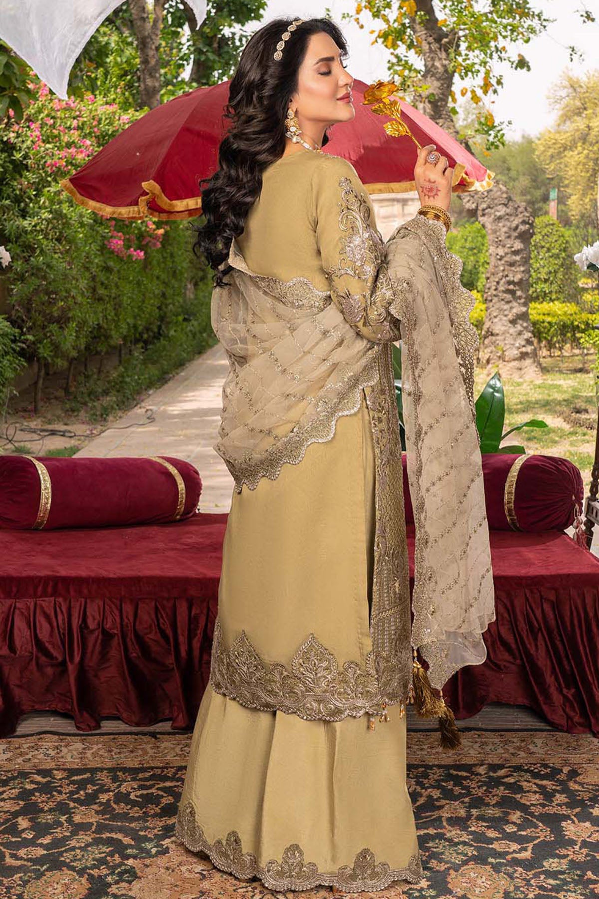 Olive Embroidered Organza Salwar Kameez (3-Piece) - Image 2