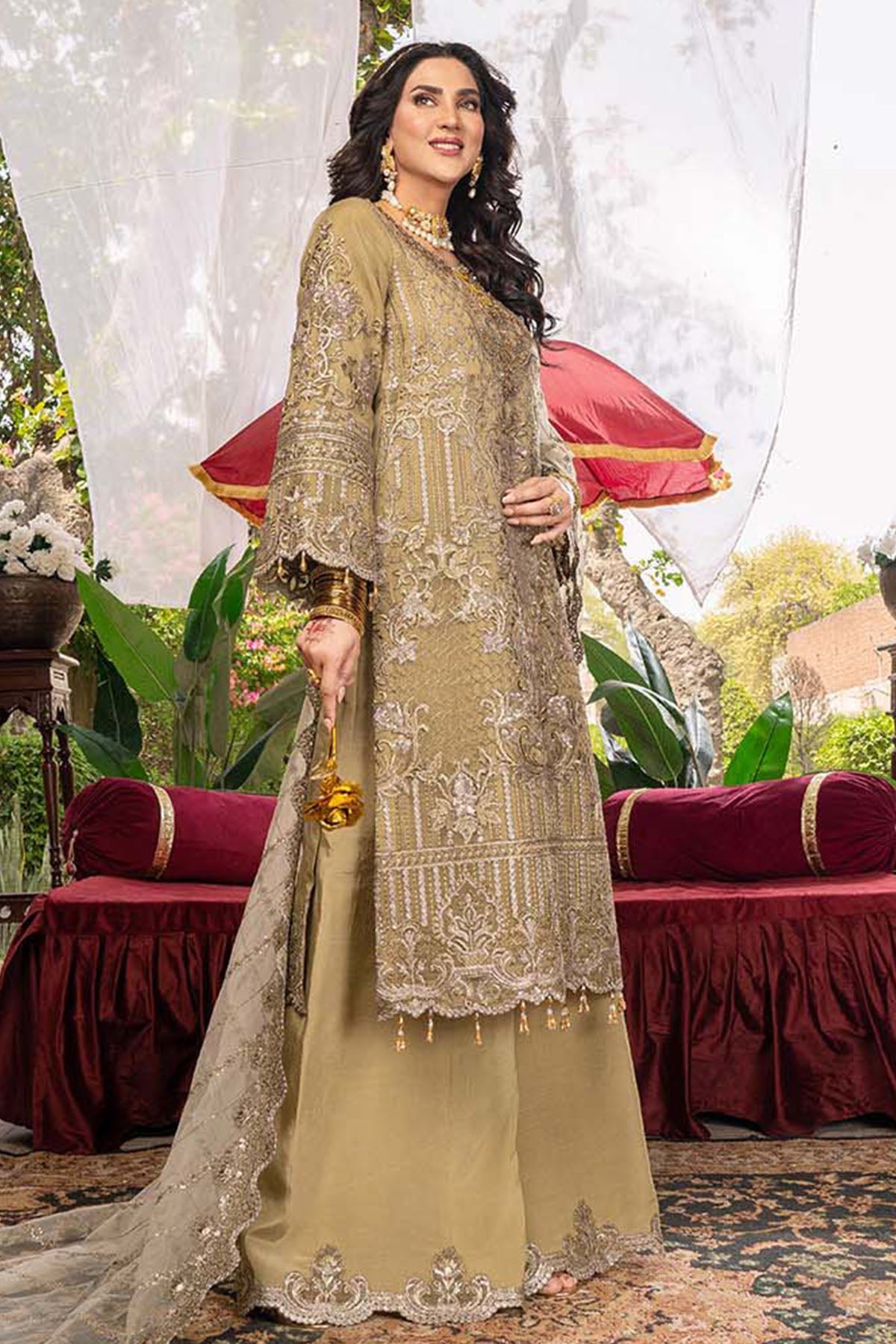 Olive Embroidered Organza Salwar Kameez (3-Piece) - Image 3