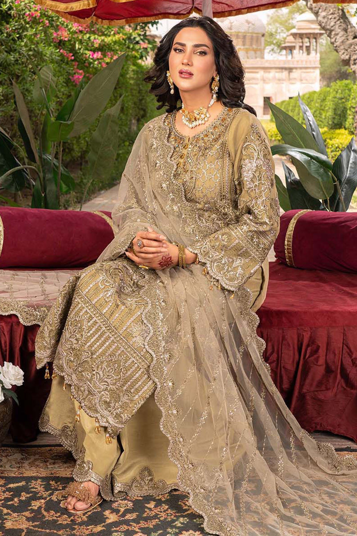 Olive Embroidered Organza Salwar Kameez (3-Piece) - Image 4