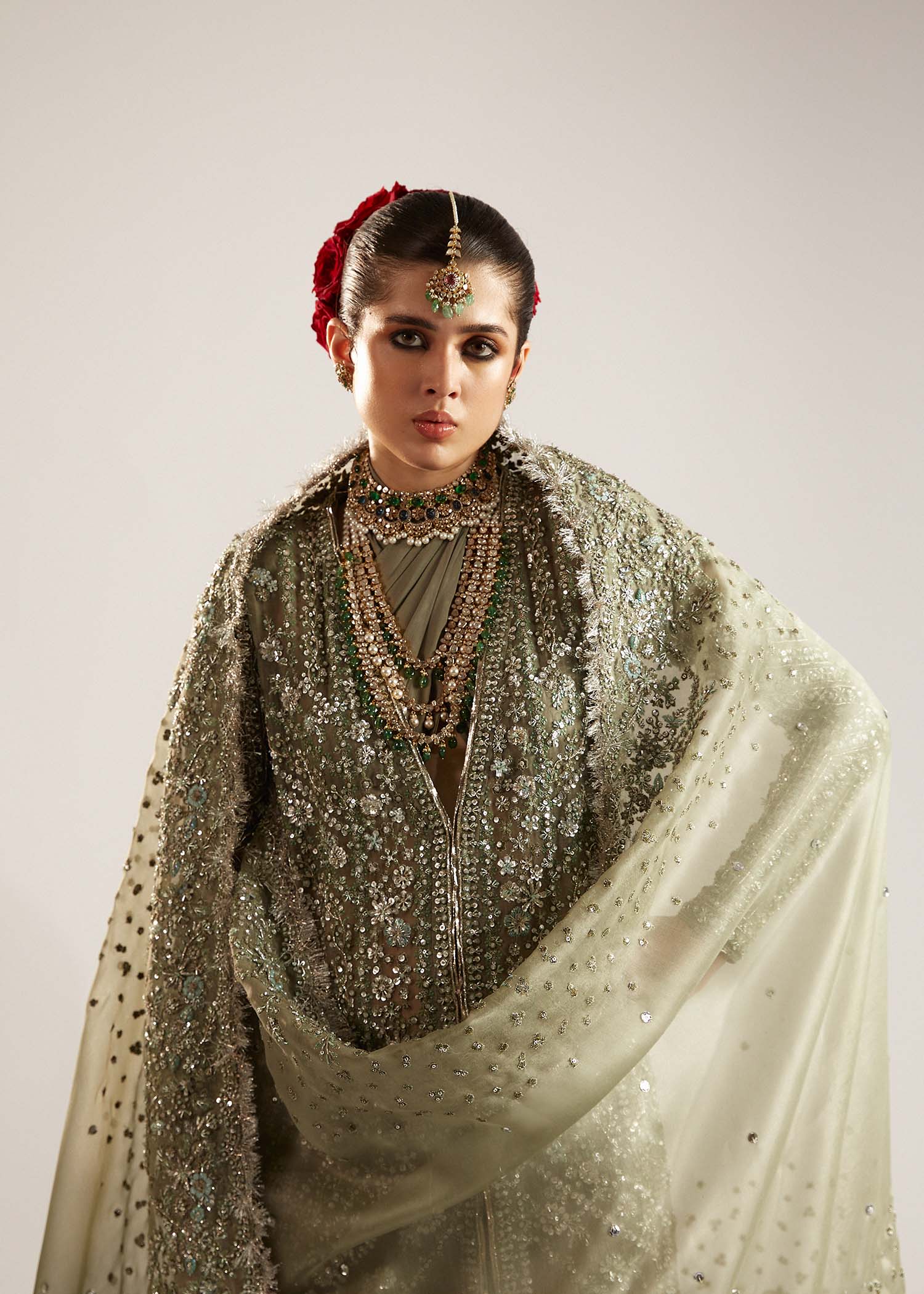 Dusty Green Hand-Embellished Organza Jacket Set (3-Piece) - Image 13