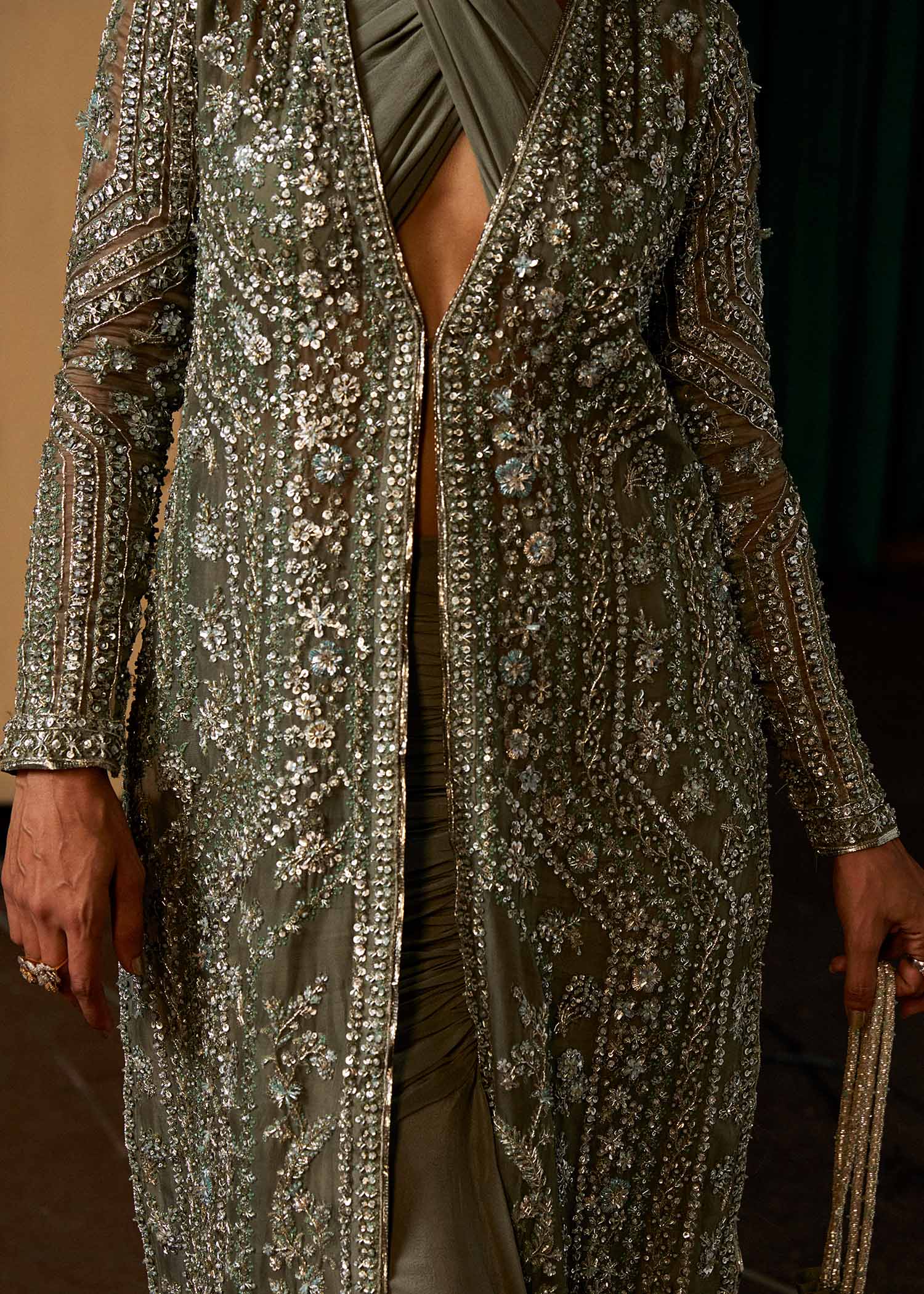 Dusty Green Hand-Embellished Organza Jacket Set (3-Piece) - Image 6