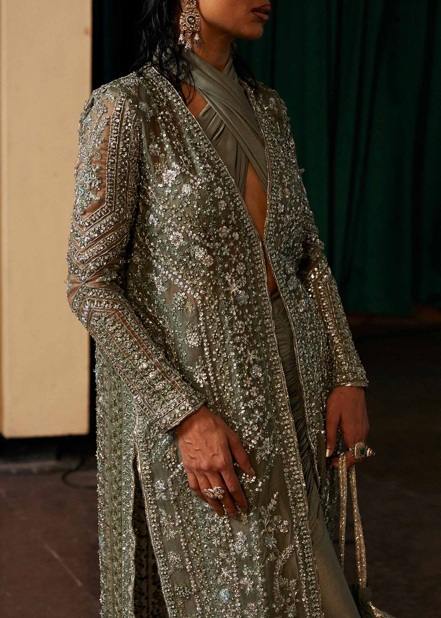 Dusty Green Hand-Embellished Organza Jacket Set (3-Piece) - Image 7