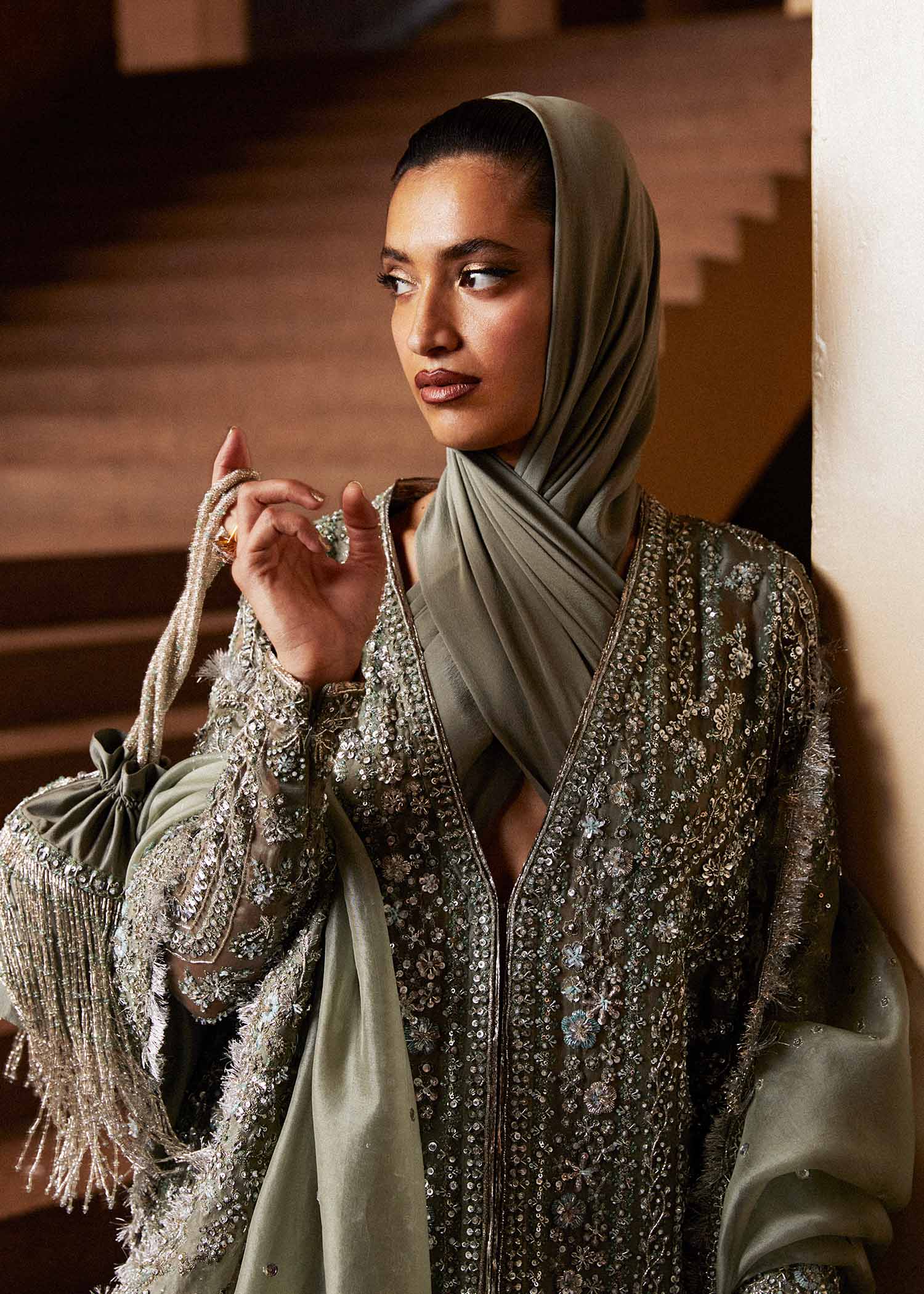 Dusty Green Hand-Embellished Organza Jacket Set (3-Piece) - Image 10