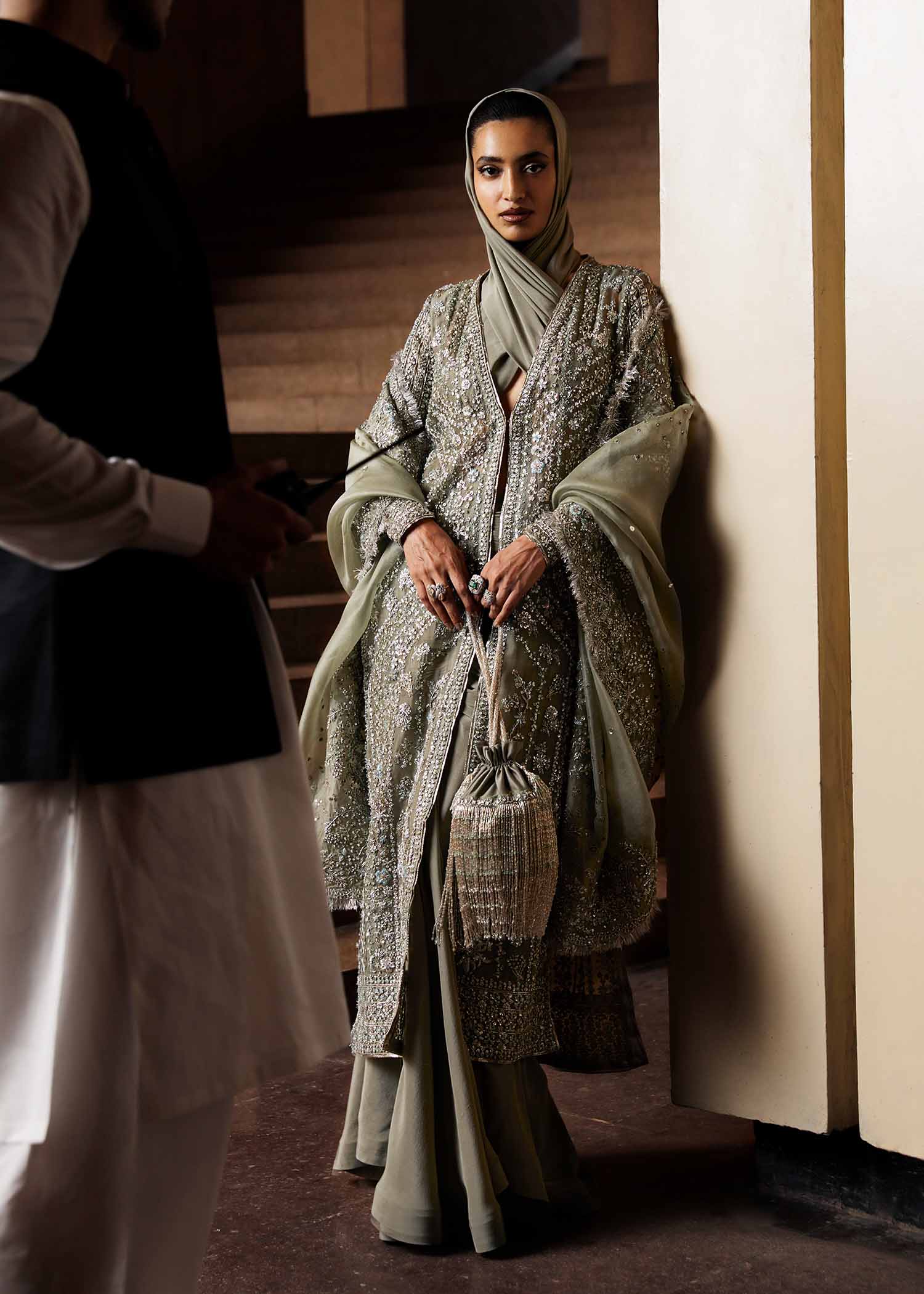 Dusty Green Hand-Embellished Organza Jacket Set (3-Piece) - Image 11