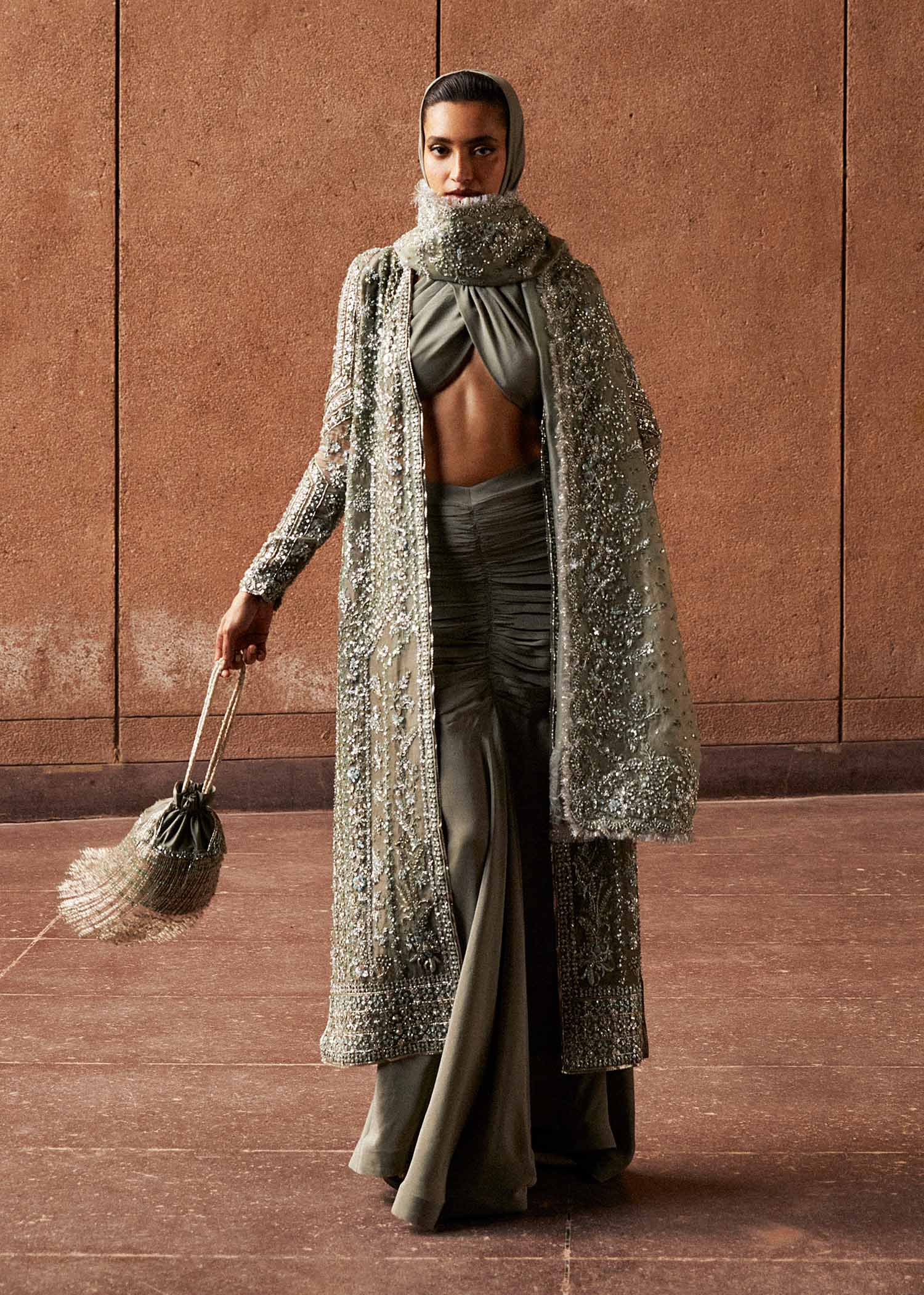 Dusty Green Hand-Embellished Organza Jacket Set (3-Piece) - Image 4