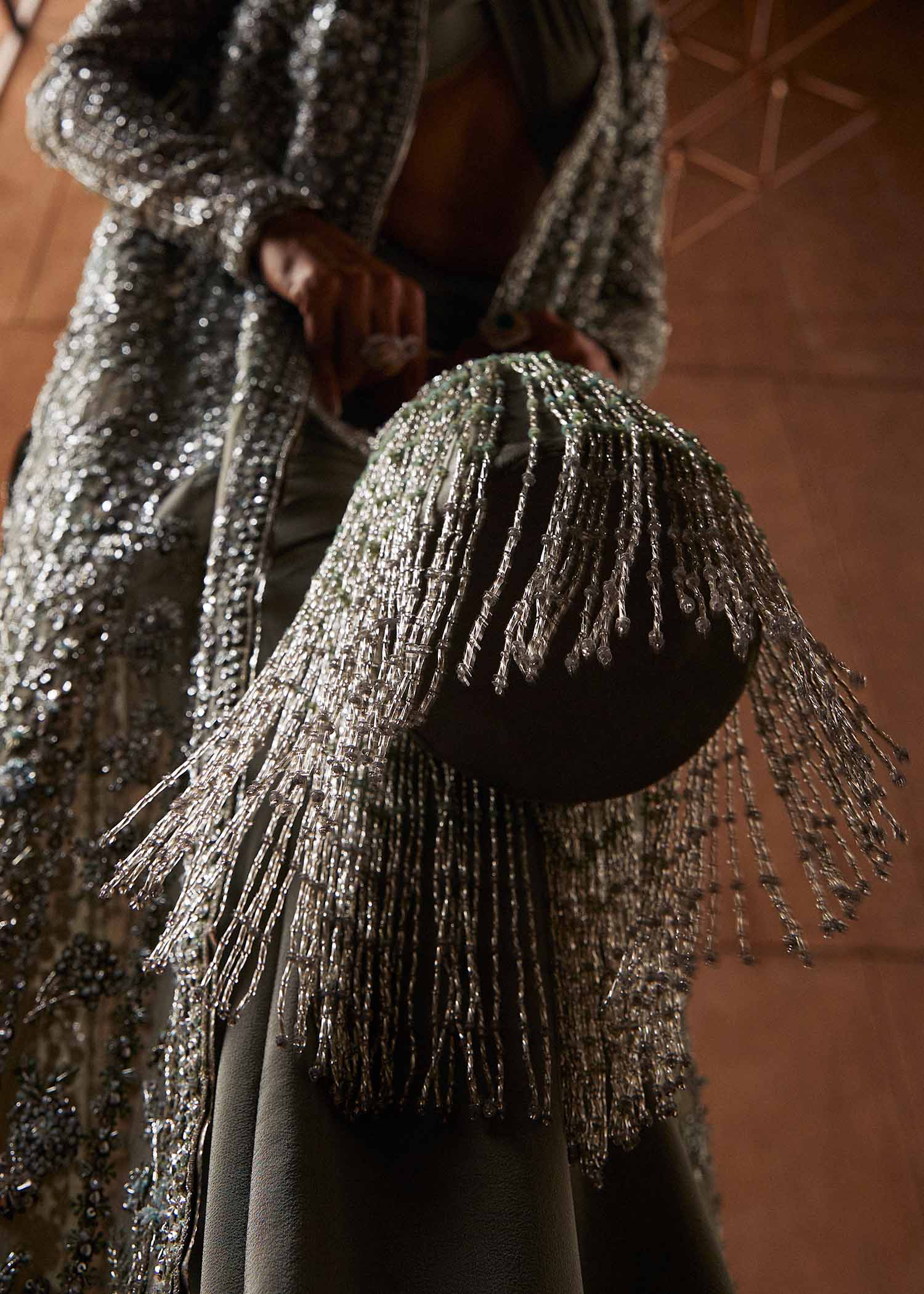 Dusty Green Hand-Embellished Organza Jacket Set (3-Piece) - Image 8