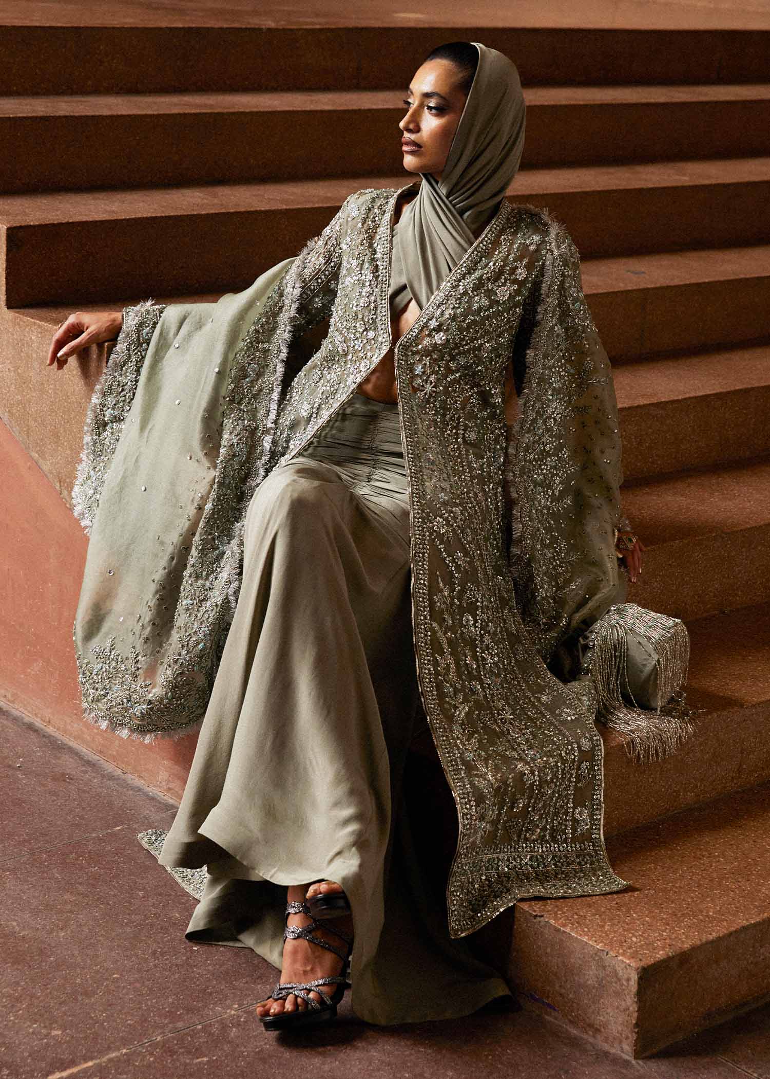 Dusty Green Hand-Embellished Organza Jacket Set (3-Piece) - Image 9