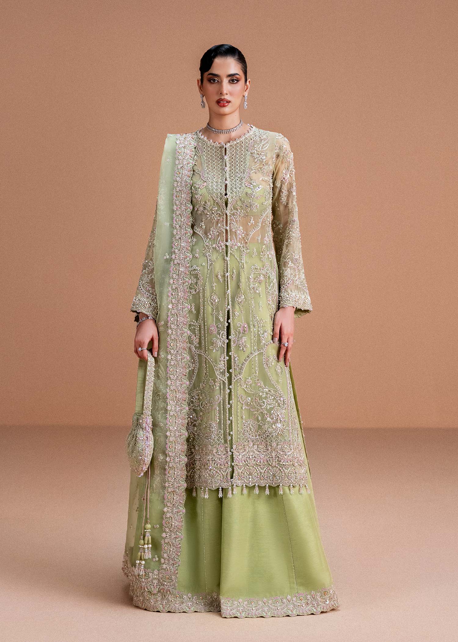Indian Lime Green Embroidered Kathan Organza Salwar Kameez (3-Piece) - Image 1
