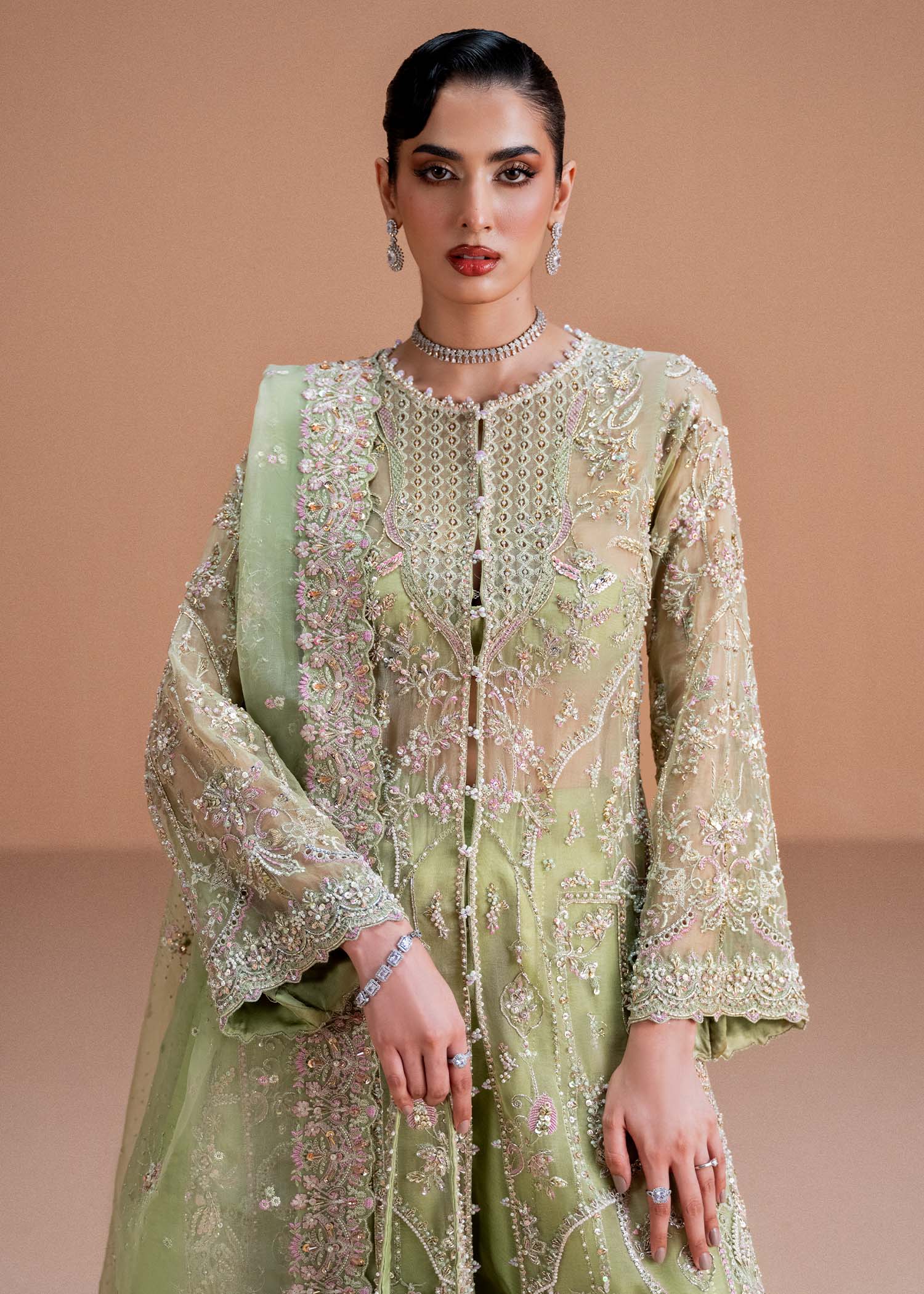 Indian Lime Green Embroidered Kathan Organza Salwar Kameez (3-Piece) - Image 2