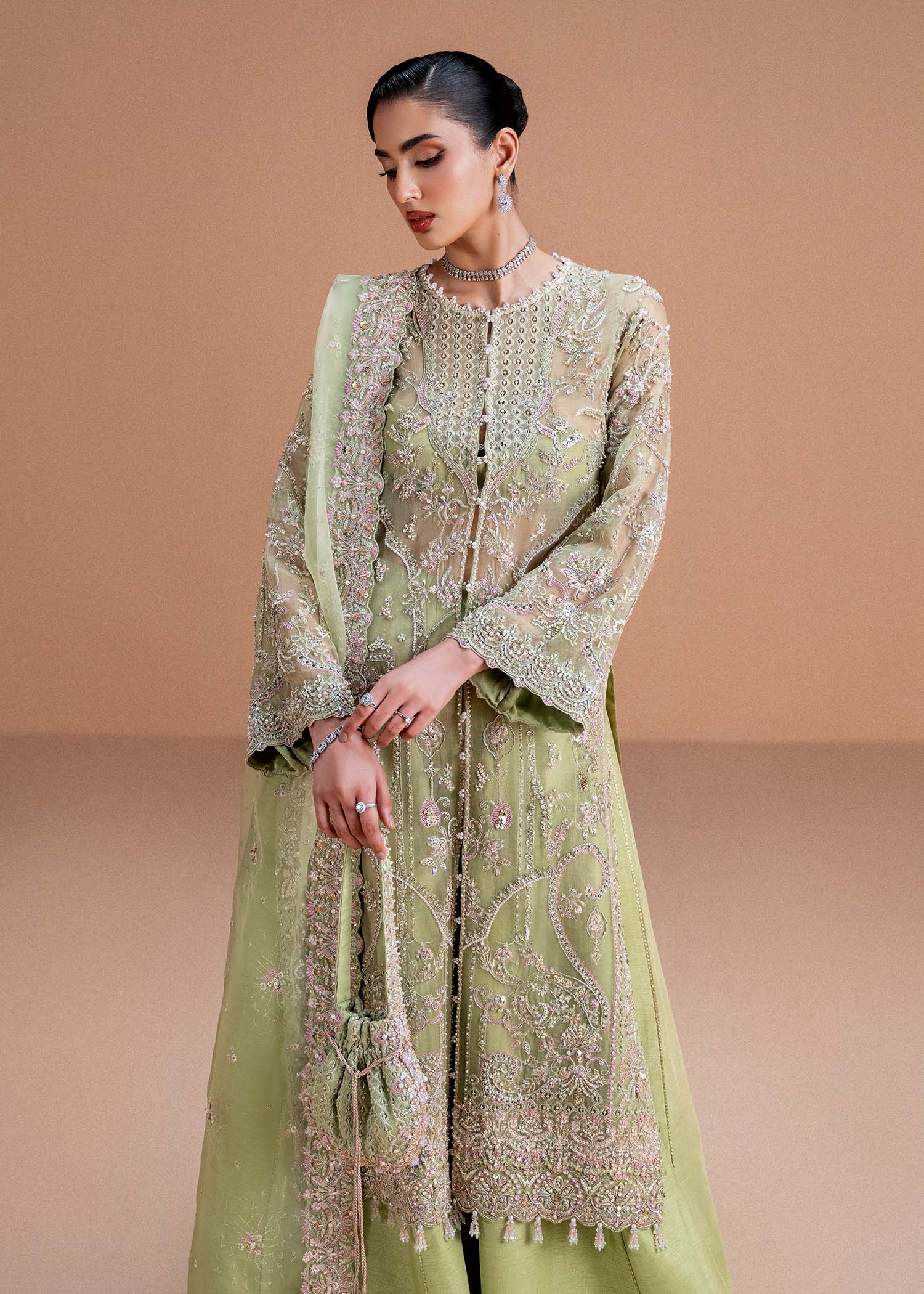 Indian Lime Green Embroidered Kathan Organza Salwar Kameez (3-Piece) - Image 3