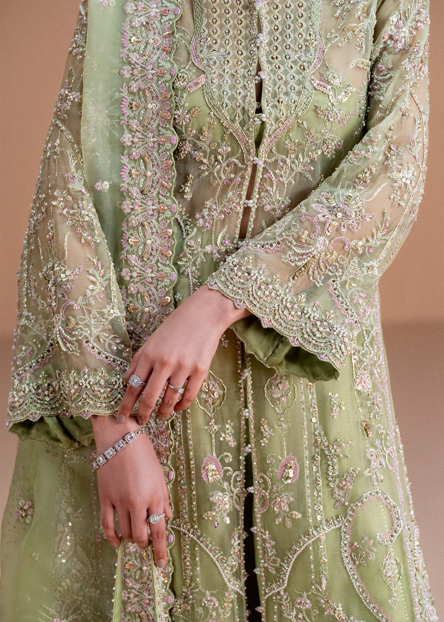 Indian Lime Green Embroidered Kathan Organza Salwar Kameez (3-Piece) - Image 4