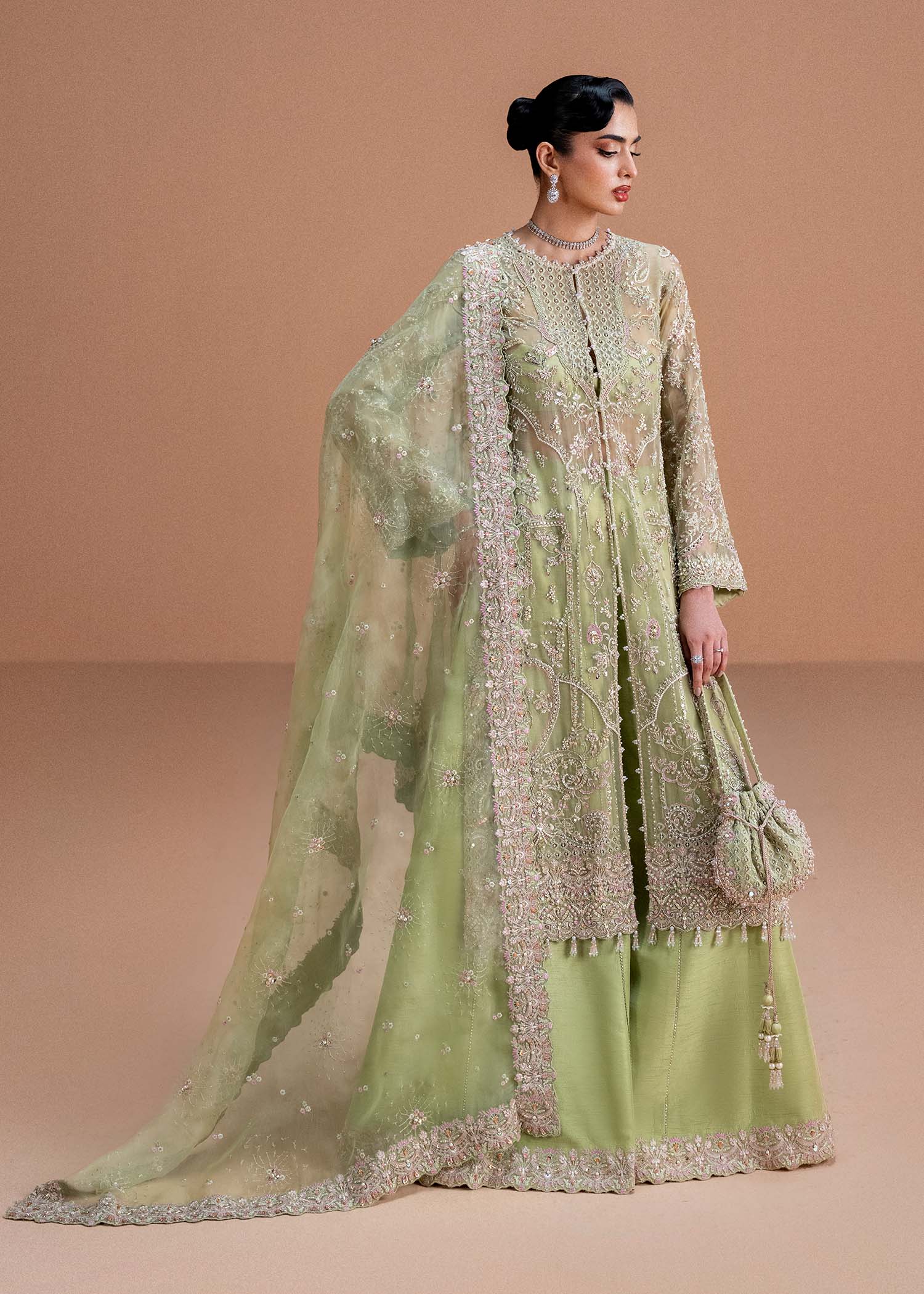 Indian Lime Green Embroidered Kathan Organza Salwar Kameez (3-Piece) - Image 5