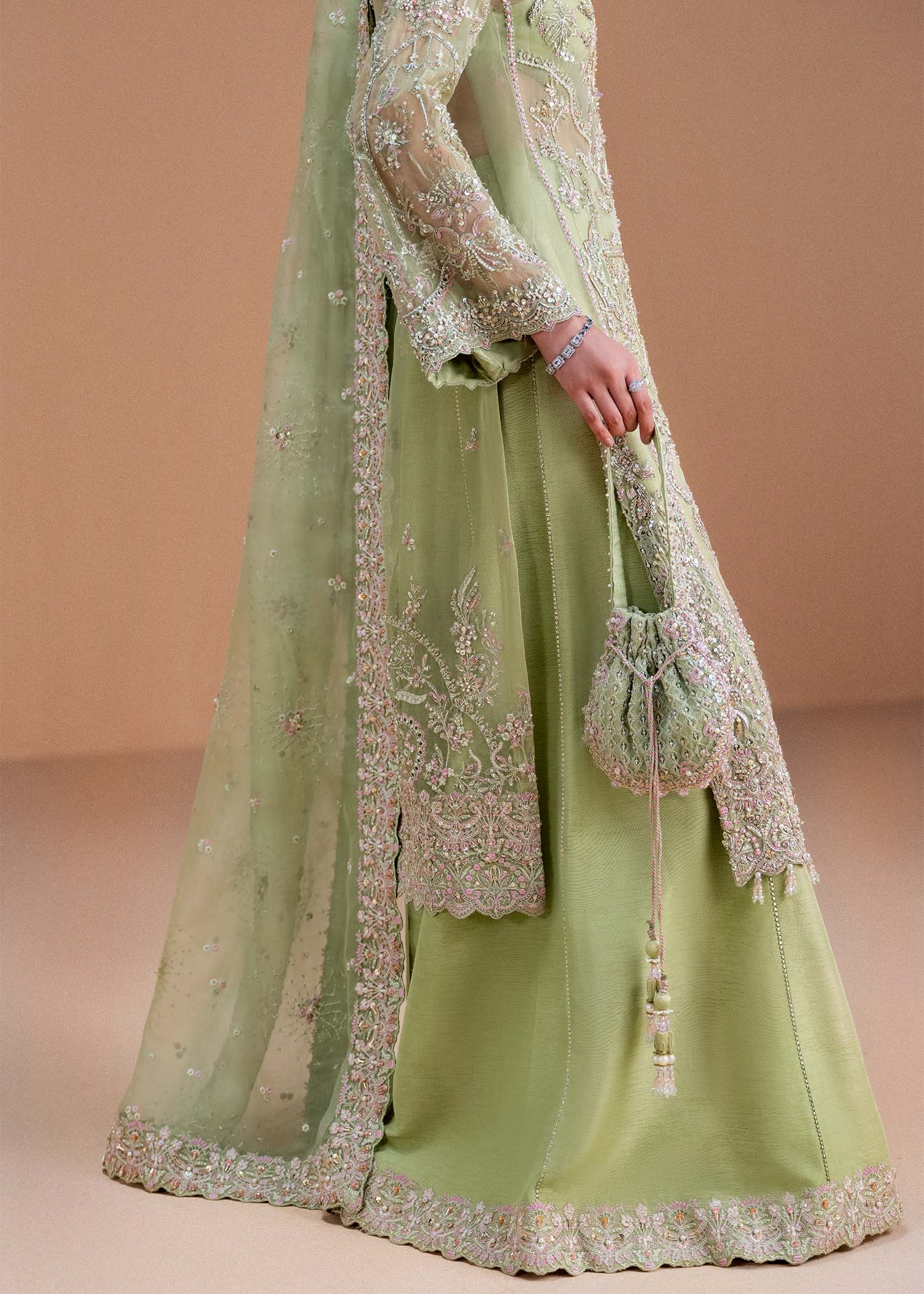 Indian Lime Green Embroidered Kathan Organza Salwar Kameez (3-Piece) - Image 7