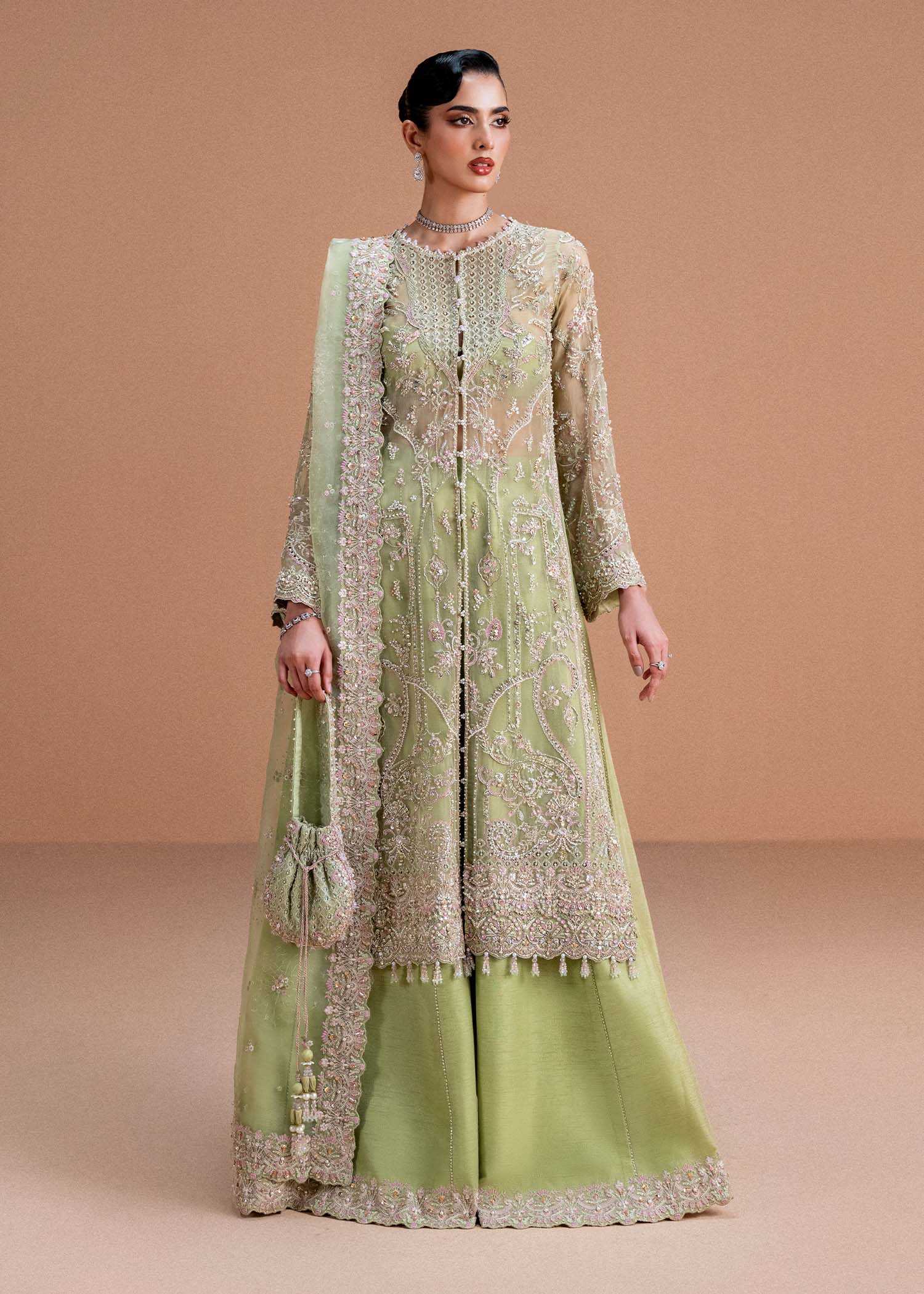 Indian Lime Green Embroidered Kathan Organza Salwar Kameez (3-Piece) - Image 8