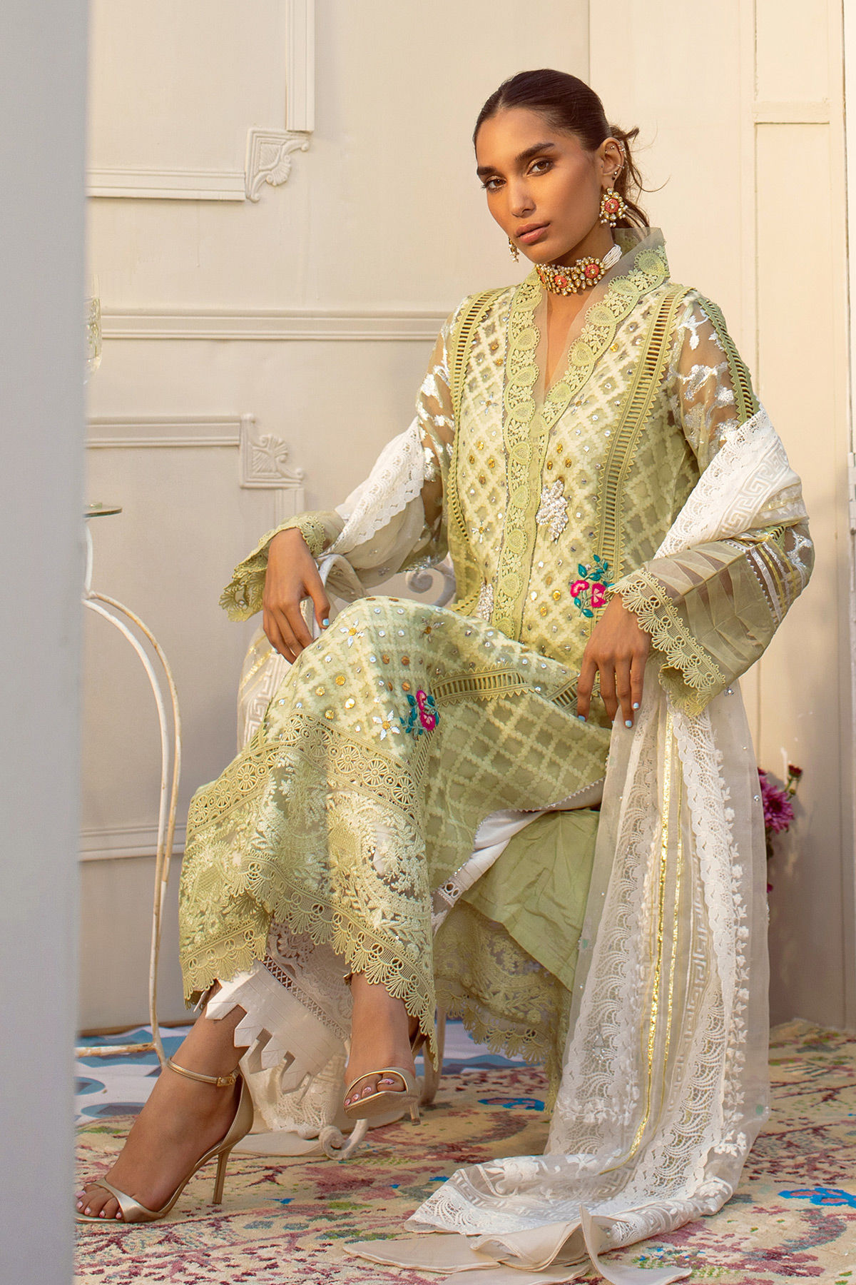 Mint Kaamdani Embossed Organza Salwar Kameez (3-Piece) - Image 2