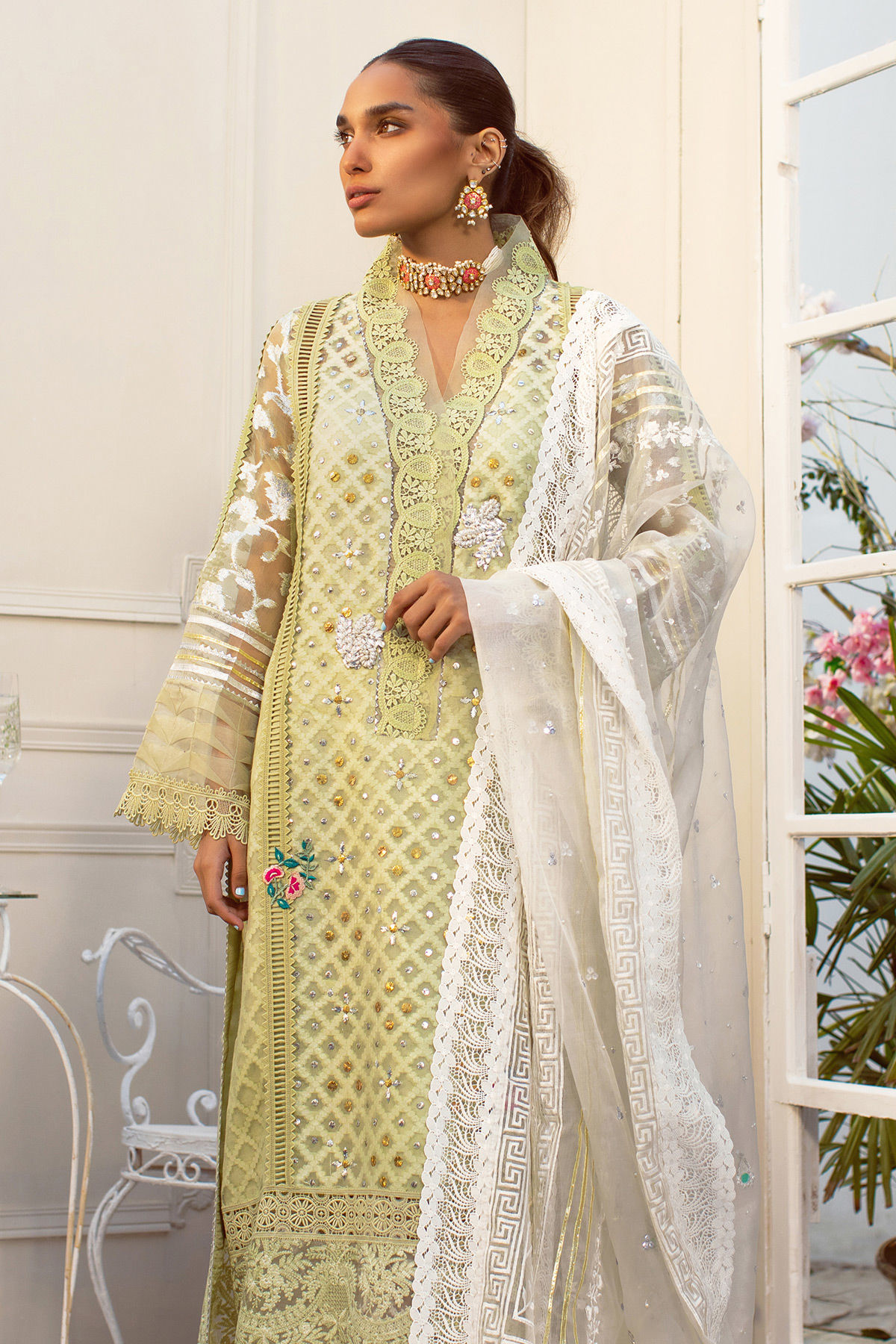 Mint Kaamdani Embossed Organza Salwar Kameez (3-Piece) - Image 3